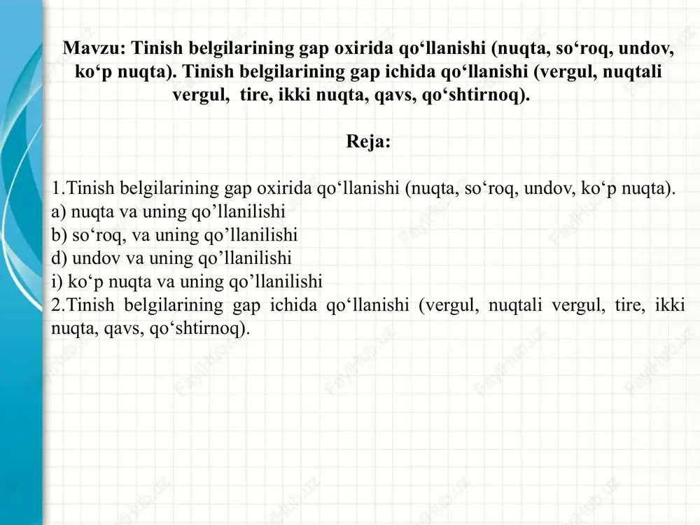atsiya printsipiga asoslaniladi. nuqtaning shartli qisqarmalaridan so`ngqo`llanishi uning qo`shimcha (yordamchi) vazifasidir.qiyoslang: alisher navoiy – ulug` shoir! a.navoiy – ulug` shoir! ikkinchi gapda alisher so`zidan keyin nuqtaning qo`yilishi individual stil, yozuv uslubi bilan bog`liq bo`lib, agar alisher so`zi qisqartilmaganida, ikkinchi gapda ham nuqtani ishlatilishiga ehtiyoj tug`ilmas edi. nuqta, so`roq va undov belgilari ba'zan gap o`rtasida ham ishlatiladi. ular endi asosiy funktsiyani bajarmay, boshqa maqsad, vazifa uchun qo`llaniladi. masalan, yozuvchi m.t.oybek – o`zbek adabiyotining yirik nomoyandasi. gapda nuqta gap o`rtasida kelib, so`zning qisqartirilganini ko`rsatish uchun ishlatilgan. bu erda u sintaktik funktsiya bajarmaydi. agar misoldagi qisqartiligan so`zlar to`liq yozilsa, nuqtani ishlatishga hech qanday ehtiyoj qolmaydi. ko`rinadiki, nuqtaning gap o`rtasida qo`llanishi yordamchi, qo`shima mohiyatga ega bo`lib, uning bunday qo`llanshi yozuv texnikasi, yozuv usuli bilan bog`liq. 1. xix asrning ii yarmida o’rta osiyoning rossiya tomonidan istilo qilinishi o’rta osiyo xalqlari madaniyatining, jumladan, o’zbek xalqi madaniyatining rivojlanishida omil bo’ldi. rossiya va u orqali boshqa yevropa xalqlari …