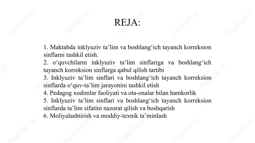 maktablari uchun belgilangan yosh me’yoridan ikki yilga oshgan bolalarni qabul qilishga ruxsat etiladi. o‘quvchilarni inklyuziv ta’lim sinflari va boshlang‘ich tayanch korreksion sinflarga qabul qilish hamda chiqarish hududiy xalq ta’limi boshqarmasi huzurida tashkil etilgan psixologik-tibbiy-pedagogik komissiya (keyingi o‘rinlarda — psixologik-tibbiy-pedagogik komissiya) xulosasiga ko‘ra, ota-onalar yoki ularning o‘rnini bosuvchi shaxslar roziligi bilan amalga oshiriladi. inklyuziv sinf muhitini yaratish 2 inklyuziv ta’lim sinflari va boshlang‘ich tayanch korreksion sinflarga boshqa ma’muriy-hududiy birlikdan kelib o‘qish istagini bildirgan o‘quvchilar o‘quvchini qabul qilayotgan maktab joylashgan hududning psixologik-tibbiy-pedagogik komissiyasi yo‘llanmasiga asosan qabul qilinadi. . 3 o‘quvchilarni inklyuziv ta’lim sinflariga va boshlang‘ich tayanch korreksion sinflarga qabul qilish o‘quv yili boshlanguncha hamda o‘quv yili davomida amalga oshiriladi va maktab direktorining buyrug‘i bilan rasmiylashtiriladi. . 1 psixologik-tibbiy-pedagogik komissiya yo‘llanmasi o‘quvchilarni inklyuziv ta’lim sinflari va boshlang‘ich tayanch korreksion sinflarga qabul qilinishiga asos hisoblanadi. o‘quvchining shaxsiy hujjatlar yig‘majildida quyidagi hujjatlar bo‘ladi: ota-onalari yoki ularning o‘rnini bosuvchi shaxslarning arizasi; psixologik-tibbiy-pedagogik komissiya xulosasi; ta’lim olganligi …