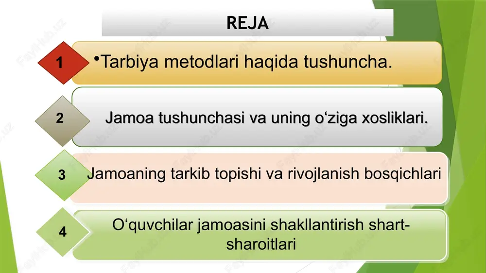 sliklari. «men»ini amalga oshirishiga imkon beradigan metodlarni qo‘llash tarbiya metodlarini to‘g‘ri tanlash bir qator omillarga bog‘liq: 6. tarbiyaviy shart-sharoitlar. jamoadagi iqlim, pedagogik rahbarlik usuli va boshqalar 7. tarbiya vositalari. ko‘rgazmali qo‘llanmalar, tasviriy san’at asarlari va musiqa san’ati, ommaviy axborot vositalari. 8. pedagogik malakani egallaganlik darajasi. tarbiyachi odatda faqat o‘zi biladigan va qo‘llashni egallagan metodlarni tanlab oladi. 9. tarbiya vaqti. vaqt kam, maqsad esa katta bo‘lsa, tanbeh berish va majbur qilish bilan, qulay sharoitlarda esa, nasihat qilish va doimiy o‘rgatish bilan bog‘liq 10. kutiladigan natija. metodni tanlayotganda, tarbiyachida muvafaqqiyatga erishishiga ishonch bo‘lishi kerak. xalq pedagogikasida tarbiya metodlari. 1. tushuntirish (hikoya qilish, o‘rgatish). 2. mashqlantirish (odatlantirish, mashq qildirish). 4. nasihat qilish, o‘git (undash, ko‘ndirish, iltimos qilish, yolvorish, tilak-istak bildirish, ma’qullash, rahmat aytish, duo qilish, oq yo‘l tilash va hokazolar). 5. qoralash va jazo (ta’kidlash, ta’na, gina, tanbeh berish, majbur qilish, koyish, ayblash, uyaltirish, qo‘rqitish, nafratlanish, ont-qasam ichirish, urish, kaltaklash va hokazolar). 3. …