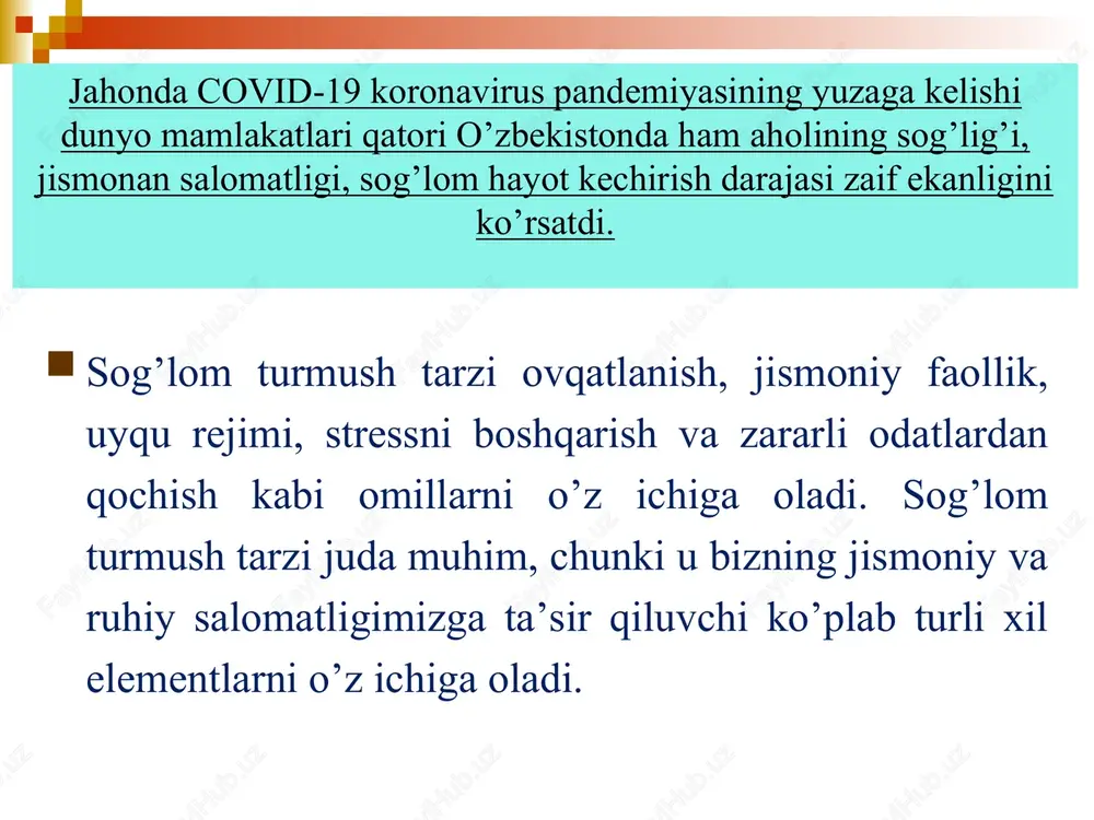 accp introduction oʼsimlik yog'lari, sut maxsulotlari yogʼlarning kunlik miqdori – 90-100g ni tashkil etadi yogʼlar – energiya manbai ‹#› haccp training course: module 01 - haccp introduction kattalar uchun ovqat ratsionida bir sutkada 400 -500 gr. uglevodlar - energiyaning asosiy manbai. qora non, loviya, noʼxot, makaronlar, yormalar, kartoshka, sabzi, qizil lavlagi, xurmo, uzum, anor, oʼrik uglevodlar ‹#› haccp training course: module 01 - haccp introduction vitaminlar-biologik faol moddalar boʼlib, moddalar almashinuvi jarayonlarida ishtirok etadi mineral tuzlar qonning oʼzgarmas tarkibini va osmotik bosimni saqlab turish kabi muhim vazifani bajaradi. mineral tuzlar vitaminlar - hayot zarrachalari vitaminlar - hayot zarrachalari vitaminlar - hayot zarrachalari ‹#› haccp training course: module 01 - haccp introduction inson organizmining temirga boʼlgan extiyoji va fiziologik yoʼqotishlar ‹#› haccp training course: module 01 - haccp introduction sogʼlom ovqatlanishning 12 tamoyili 1. xilma-xil ovqat mahsulotlarini istemol qiling. 2. kun davomida bir necha marotaba mahalliy sharoitda yetishtirilgan har-xil turdagi yangi …