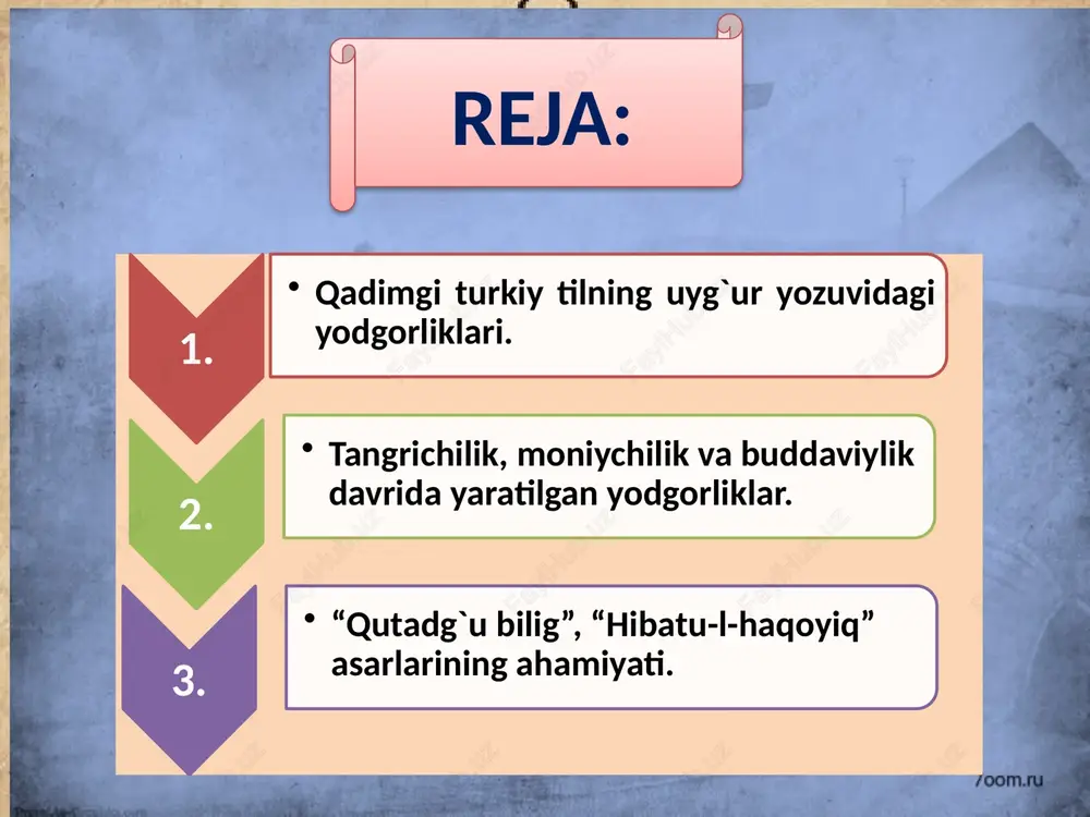 lavhalari kiradi. ikkinchi qismi esa tarixiy dostonlarga xos voqealardan iborat. bu qismga oʻgʻuzning uylanishi, farzandlarining tugʻilishi, jang lavhalari va turli mamlakatlarni bosib olishi, oʻgʻillariga oʻz qoʻl ostidagi yurtlarni boʻlib berishi lavhalari kiradi. © korporatsiya maykrosoft (microsoft corporation), 2014. vse prava zashisheni. korporatsiya maykrosoft ne predostavlyaet nikakix garantiy (yavnix, podrazumevaemix ili predusmotrennix zakonom) v otnoshenii svedeniy, soderjashixsya v etoy prezentatsii. 5 22.11.2019 13:34 ”xuastuanift” moniylikning falsafiy-ta’limiy asari. eroniy, turkiy, xitoy, sug`dcha versiyalari mavjud. turkiycha versiyasi uyg`urcha va moniy yozuvida yoozilgan. nusxalari: sankt-peterburgda saqlanayotgan nusxasi. uyg`ur xatida bo’lib, boshi saqlanmagan. 160 satrdan iborat. o`ram shaklida va eng eski nusxasi. britaniya muzeyidagi nusxasi moniy xatida bo`lib, boshlanishi yo`q. 338 qator saqlangan. berlinda saqlanayotgan nusxasi. qismlari saqlanib qolgan bo`lib, moniy va uyg`ur xatida bitilgan. uzindi shaklida. 6 ob'edinite izobrajenie i neskolko klyuchevix viskazivaniy s pomoshyu setki. 6 ”xuastuanift” asar dastlab eroniy tillarining bririda yaratilgan. moniy tillarini keng yoyish maqsadida boshqa tillarga tarjima qilingan. turkiy …