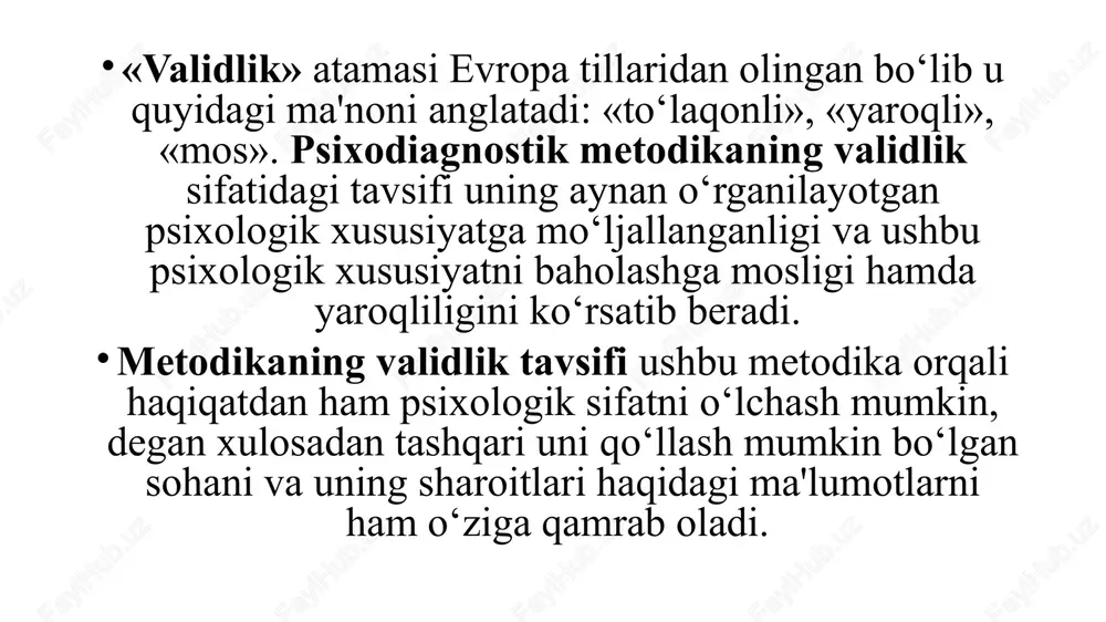 ar xil hayotiy voqeliklardagi reaktsiya va xatti-harakatlari; b) sinaluvchining faoliyatidagi yutuqlari: o‘quv, ish, ijodiy va hokazolar; v) har xil nazorat sinov va topshiriqlarning bajarilganligi haqida ma'lumotlar; g) boshqa metodikalar yordamida olingan ma'lumotlar – validlik tekshirilayotgan metodikaning boshqa metodika bilan bog‘liqligining etarli darajadaligi. validlikni tekshirish mazmuniy konstruktiv kriterial metodikaning ishonchliligi – metodika yordamida barqaror, qat'iy ko‘rsatkichlarni olish imkoniyatlari bilan tavsiflanadi. psixologik test natijalarini nazorat qilish murakkab omillarga bog‘liq va bu quyidagilardir: asbob-uskunalarning o‘lchov sifati; psixologik testlarning doimiy relevant tavsifi; sinaluvchining ko‘rsatmalarni to‘g‘ri tushunishi; sinaluvchining xulqi, xatti-harakati; sinaluvchining dolzarb psixologik holati. ishonchlilik xususiyatlari tadqiqot kesimlarini idrok etilganligi natijalar bnarqarorligi aniqlik ishonchlilikni tekshirish retest parallel testlarning ishonchlilikgini aniqlashning uch qoidasi mavjud: testlarning ishonchliligini aniqlashda 200 va undan ortiq tekshiriluvchilardan hamda reprezentativ tanlanmalarda amalga oshiriladi. 1. restest-testni qayta o‘tkazish orqali, ya’ni test o‘tkazilgandan so‘ngra ma’lum vaqt o‘tgandan so‘ngra yana aynan oldin tekshiruvdan o‘tgan sinaluvchilar yana qayta testdan o‘tkaziladi. (p.klayn retest o‘tkazish muddatini 6 oy …