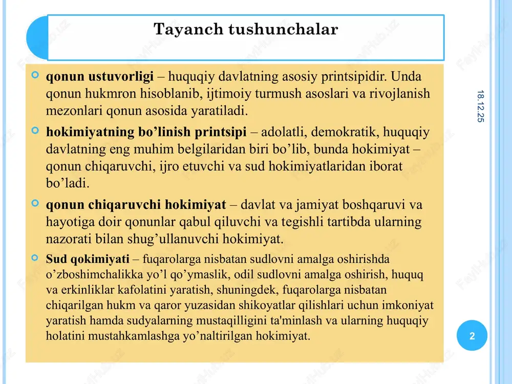 ata doimiy faoliyatdagi 150 deputatdan iborat bo`lib, siyosiy partiyalardan ko`rsatilgan nomzodlarga ovoz berish orqali saylanadi. qonunchilik palatasi tarkibi: qonunchilik palatasi kengashi qonunchilik palatasi devoni fraktsiyalar va deputatlar guruhi qo'mitalar * * ijro etuvchi hokimiyat – davlat hokimiyati tizimining alohida mustaqil bo’g’ini bo’lib, u konstitutsiya va qonunlar, davlat boshliqining farmoni, farmoyishi va qarorlari ijrosini ta'minlash maqsadida mamlakatni siyosiy, iqtisodiy, ijtimoiy, madaniy va ma'naviy rivojlantirish masalalarini hal qilishda aniq yo’naltirilgan, tashkilotchi, farmoyish beruvchi va tezkor ijrochilik faoliyatini omilkorlik bilan amalga oshiradigan hamda fuqarolarning huquq va erkinliklarini ta'minlash, aholining turmush faravonligini oshirish uchun qulay sharoitlar yaratish maqsadida o’ziga berilgan umumiy va maxsus vakolatlar doirasida mamlakatning butun hududida yoki muayyan ma'muriy-hududiy birligida bajarilishi umummajburiy hisoblangan huquqiy hujjatlar qabul qiladigan davlat boshqaruvi organlarining yagona tizimi hisoblanadi. davlat nima? huquq nima? qonun nima? aqliy hujum * * o`zbekiston respublikasi prezidenti ijroiya hokimiyat organlari tizimi o`zbekiston respublikasi ijroiya hokimiyati vazirlar mahkamasi – hukumat, vazirliklar, davlat qo`mitalari, viloyatlar …