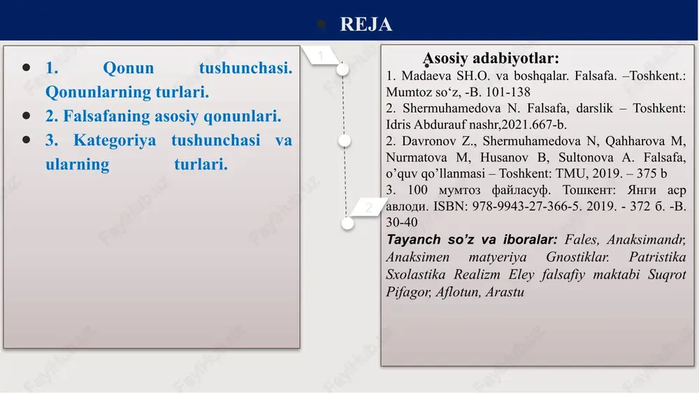 metodologik intizomining muhim sharti hisoblanadi. dialektika nima, uning mazmuni nimadan iborat, rivojlanishning dialektikaga muqobil qanday konseptsiyalari mavjud? mazkur bo’limning maqsadi ayni shu savollarga javob berishdan iborat. dialektika nima? 01 ,,dialektika’’ (yunon. dialektike – suhbat qurish san’ati) so’zining ,,dialog’’ (yunon. dialogos – ikki yoki bir nechta suhbatdoshlar so’zlashuvi) so’zi bilan umumiy jihatlari bisyor. dastlab dialektika bahslashish, munozara qilish san’ati sifatida tushunilgan, bunda fiklar, qarashlar qarama-qarshiligi vositasida haqiqatning tagiga yetish maqsadida muammoni o’zaro manfaatdor qilishga qaratilgan munozara nazarda tutilgan. dialektik- bu savol berish va javob qaytarishga usta odam deb hisoblangan. keyinchalik qadimgi mutafakkirlar ziddiyatlilik va o’zgaruvchanlik fikr-mulohazalardagina emas, balki real borliqda ham mavjud ekanligini payqaganlar. bu faktning tagiga yetgan ilk mutafakkirlardan biri efeslik geraklit bo’lgan. u dunyoni ,,jonli olov’’ yoki ,,ikki marta kirish’’ mumkin bo’lmagan daryo oqimi sifatida tasavvur qilgan. qonun, qonuniyat 02 qonun olamdagi narsa va hodisalarning muhim, zaruriy, umumiy va takrorlanib turuvchi bog‘lanishlari, aloqalari va munosabatlarining namoyon bo‘lishidir. 2. qonun …