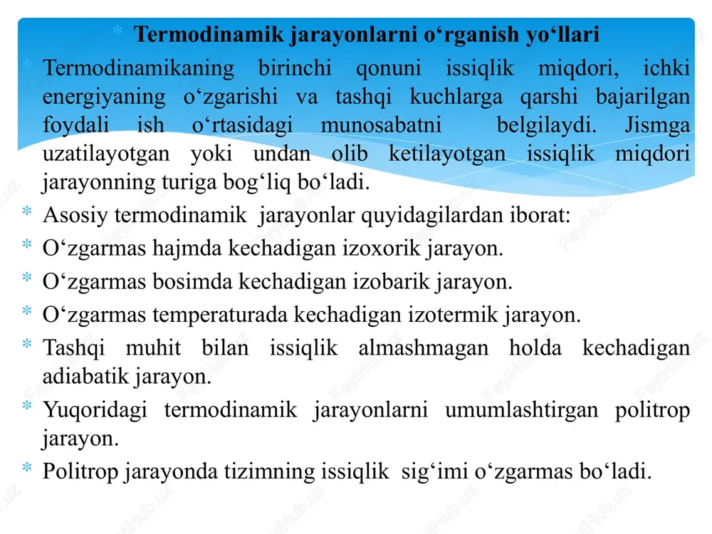 g pѵ - va ts- diagrammalari tasvirlangan. ideal gazning holat tenglamasi: pѵ =rt dan v=const uchun p/t = r/ѵ =f(ѵ)=const izoxorik jarayonda bosimlar nisbati absolyut temperaturalar nisbatlariga teng bo‘ladi, ya’ni bosim o‘zgarishi bu jarayondagi absolyut temperatura o‘zgarishiga to‘g‘ri proportsionaldir. p1/p2=t1/t2 (5.9) izoxorik jarayonda gaz hajmining o‘zgarishi d =v2-v1=0, bo‘lganligidan ya’ni, izoxorik jarayonda gaz ish bajarmaydi. termodinamikaning birinchi qonunini dℓ =0. hol uchun yozamiz: sig‘im o‘zgarmas bo‘lganda: demak, tizimga berilgan dq issiqlik miqdori shu tizim ichki energiyasining o‘zgarishiga sarflanar ekan. sig‘im o‘zgaruvchan bo‘lganda: izobarik jarayon o‘zgarmas bosim ostida kechadigan termodinamik jarayonlarga izobarik jarayon (p=const) deyiladi. jarayonnng grafigi 5.2-rasmda tasvirlangan. jarayon egri chizig‘i izobara deb aytiladi. har ikkala holat uchun jarayonning holat tenglamalarini yozamiz: p1v1=rt1; p2v2=rt2 p=const uchun v1/v2=t1/t2 (5.14) bundan shu narsa kelib chiqadiki, gaz temperaturasi qanchalik yuqori bo‘lsa, uning solishtirma hajmi shunchalik katta bo‘ladi (ya’ni zichligi shunchalik kichik bo‘ladi). izobarik jarayonda tizimning kengayish ishi quyidagi tarzda aniqlanadi: oxirgi tenglamadan ko‘rinib …