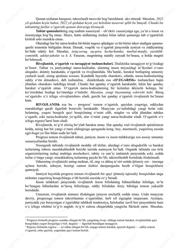 k.) sotib olishadi, o‘tin yoki ko‘mir g‘amlab qo‘yishadi. birov uyning 5-qavatidan tashlasang, falon pul beraman desa, rozi bo‘lmaysiz. unki siz i.nyuton kashf qilgan «butun olam tortishish qonuni»ni yaxshi bilsangiz, bilmasangiz, havoning zichligi o‘z jismingizdan kamligiga e’tibor qilmasangiz ham, ammo bu holda mayib bo‘lishingizni yaqqol tasavvur qilasiz. inson qonunlarni bilishi, ularga amal qilishi doirasida erkindir. har qanday qonunga xos belgilardan biri zaruriylik, ya’ni ob’ektiv tarzda amalga oshish, o‘z-o‘zidan namoyon bo‘lishdir. erkinlik esa shu zaruriylikni anglab olish va unga amal qilishdan iborat faoliyatdir. huquqshunoslar iborasi bilan aytganda: «qonunni bilmaslik javobgarlikdan xolos qilmaydi». demak, yuridik qonunlarni qancha yaxshi bilsangiz, o‘z faoliyatingizni shunga muvofiq olib borganingiz qadar erkin bo‘lasiz. nima qonuniy, nima esa qonuniy emasligini yaxshi bilgan kishi qonunga xilof ish tutmaydi. qonun olamdagi narsa-hodisalarning eng muhim, zaruriy, umumiy, takrorlanib turuvchi bog‘lanishlari, o‘zaro aloqa va munosabatlarining namoyon bo‘lishidir. qonunga quyidagi asosiy belgilar xos: - olamning mavjudligi, o‘zgarishlari va narsa-hodisalar mohiyatidan kelib chiqqan turli aloqadorlik, …