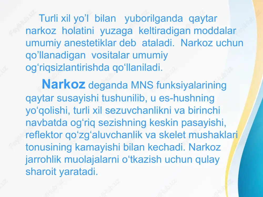 k kuchi sust. narkoz rivojlanishi uchun uni nafas yo‘llariga 94 hajm % miqdorida kiritish kerak, lekin bunda gipoksiya vujudga keladi. agar 80-86% miqdorda berilsa, yuzaki narkoz rivojlanadi (“shodlantiruvchi gaz”). anesteziologiyada 80% azot (i)-oksidi va 20% kislorod aralashmasidan foydalaniladi. siklopropan suyuq, 1-2mlli po'lat ballonda. azot (i)-oksididan narkotik va og‘riqsizlantirish kuchi yuqoriligi bilan farq qiladi. narkotik ta'sir kengligi katta.tez yuzaga chiquvchi (3-5 min), chuqur, qo‘zg‘alish bosqichi juda sust va qisqa bo‘lgan narkoz chaqiradi. bunda skelet mushaklari yaxshi bo‘shashadi, narkozni boshqarish yengil, narkozdan uyg‘onish qisqa (bir necha daqiqa). noingalyasion narkoz vositalari ta'sir davomiyligiga qarab quyidagi guruhlarga bo‘linadilar: -qisqa muddatli (15 daqiqagacha) – propanidid, ketamin. -o‘rtacha muddatli (20-50 daqiqa) – tiopental-na, predion. -uzoq muddatli (60 daq.va undan uzoq) – oksibutirat natriy propanidid 5% -10ml (har 1 mlda 0,05 preparat saqlaydi)– tomirga kiritilgach, narkoz tez (30-40 sek) rivojlanadi. qo‘zg‘alish bosqichi bo‘lmaydi. jarrohlik narkoz davri 3-5 min davom etadi. narkozning jarrohlik davri tugagach 2-3 daqiqadan so‘ng …