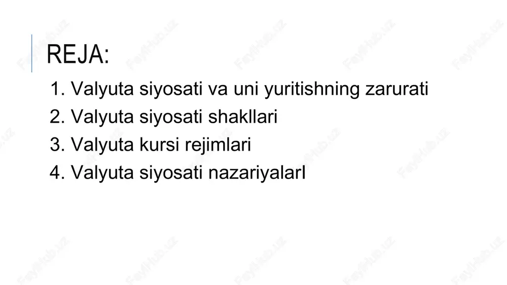 kredit, moliya, bir-biriga o‘zaro bog‘liq bo‘lmagan va ularning xalqaro xo‘jalikdagi integratsiyalashuvi. 2. valyuta siyosati shakllari valyuta siyosati maqsad va amalga oshirish muddatiga ko‘ra tarkibiy va joriyga bo‘linadi. tarkibiy valyuta siyosati - jahon valyuta tizimi tarkibini o‘zgartirishga qaratilgan uzoq muddatli tadbirlar majmuidir. tarkibiy valyuta siyosati, joriy valyuta tizimiga o‘z ta’sirini ko‘rsatadi. joriy valyuta siyosati - valyuta kursi, valyuta operatsiyasi, valyuta bozorining faoliyati va oltin bozorini qisqa vaqtda tezkorlik bilan boshqarishdir. 2. valyuta siyosati shakllari valyuta siyosatining quyidagi shakllari diskont deviz siyosati va uning ko‘rinishlari: valyuta interventsiyasi valyuta zaxiralarini diversifikatsiya qilish valyutaviy cheklashlar devalvatsiya revolvatsiya 2. diskont (foiz stavkasi) siyosati. markaziy bankning foiz siyosati, odatda milliy valyutaning amaldagi massasiga ta’sir ko‘rsatish, ya’ni uni kamaytirsh yoki ko‘paytirish orqali valyuta kursiga ta’sir etish mexanizmidir. foiz o‘zining iqtisodiy ma’nosi bo‘yicha, ssuda kapitalidan foydalanganlik uchun to‘lanadigan qo‘shimcha qiymatdir. foiz stavkalari odatda foyda me’yori orqali aniqlanadi, lekin amaliyotda foiz stavkasi darajasi ssuda kapitallariga bo‘ladigan talab va taklifdan …