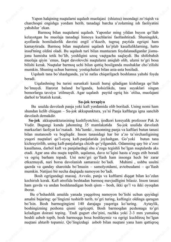 li massaj tezkor vosita sifatida keng qo’llaniladi. bu massaj turida nuqtalarni tanlash mushak guruhlarining shikastlanish sohalariga bohliq bo’ladi. nuqtalarning joylashuvi to’qimalarning asab ustunlari va tomir-asab tutamlari o’tadigan yo’llariga to’gri keladi. ana shu nuqtalarga ta’sirlar chuqur stabil' (lotipcha siabilis - bark,aror, o’zgarmaydigan, bir joyda) ishqalash usullarini qo’llash bilan amalga oshiriladi. nuqtali massaj usuli bilan davolash ham gimnastika mashqlari ishtirokida olib boriladi. bolalarda uchraydigan bosh miyaning spastik paralichi (falaj-shol), bosh, orqa miyaning jarohatlari va insul'tdan keyingi buzilishlarda nuqtali massaj bilan davolash juda tez natija beradi. bunga erishish uchun massajchidan katta tajriba, malaka va mahorat talab qilinadi. massaj qilinadigan nuktalar har doim vrach nazorati ostida, kasalliklarning belgilariga qarab, massajchi bilan birgalikda tanlanadi. yapon halqining nuqtalarni uqalash muolajasi (shiatsu) insondagi zo’riqish va charchoqni engishga yordam berib, tanadagi barcha a’zolarning ish faoliyatini yahshilar `ekan. barmoq bilan nuqtalarni uqalash. yaponlar ming yildan buyon qo’llab kelayotgan bu muolaja tanadagi himoya kuchlarini faollashtiradi. shuningdek, ayollarda homiladorlik davrini engil …