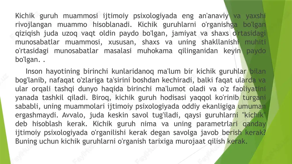 ha bo'ladi: "kichik guruh deganda, uning a'zolari umumiy ijtimoiy faoliyat bilan birlashtirilgan va bevosita shaxsiy aloqada bo'lgan kichik guruh tushuniladi, bu esa hissiy munosabatlar, guruh me'yorlari va guruh jarayonlarining paydo bo'lishi uchun asosdir." bu juda aniq universal ta'rif bo'lib, u ta'rifda aniq bo'lib ko'rinmaydi va tabiatan tavsiflovchi bo'lib, tarkibiga kiritilgan tushunchalarga qanday tarkib berishiga qarab, turli xil talqinlarni amalga oshirishga imkon beradi. masalan, boshlang'ich kontseptsiya "o'zaro ta'sir" tushunchasi bo'lgan interfaolistik yo'nalish tizimida ushbu ta'rifda diqqat markazida kichik guruh ma'lum bir o'zaro ta'sir tizimidir, chunki "umumiy ijtimoiy" so'zlari faoliyat "bu erda interfaolistik ma'noda talqin etiladi. kognitiv yo'nalish uchun xuddi shu ta'rifda yana bir mos yozuvlar nuqtasi topilgan: bu umumiy faoliyat yoki oddiy shovqin asosida muhim emas, lekin guruhda kognitiv tuzilishning ba'zi elementlari - normalar va qadriyatlar paydo bo'ladi. , bu guruh uchun eng zarur bo'lgan narsa. rossiya ijtimoiy psixologiyasida xuddi shu ta'rif yangi mazmun bilan to'ldirildi: "umumiy ijtimoiy faoliyat" faktining o'rnatilishi …