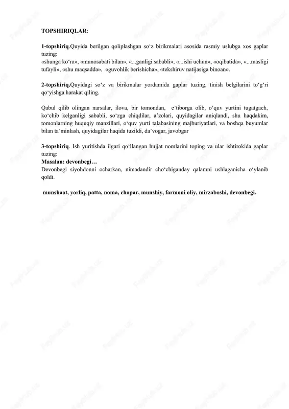 adi.) 8. ish qog‘ozlarda ularning imzolanishiga rioya etiladi: avval hujjatga imzo chekadigan mansabdor shaxs lavozimining nomi, so‘ng shaxsiy imzosi va familiyasi ko‘rsatiladi. tavsifnoma, dalolatnoma kabi hujjatlarda, odatda, 3- shaxs imzo chekadi. ishonchnomada uni beruvchishaxs imzosidan tashqari ushbu imzoni tasdiqlovchi shaxs imzosi ham bo‘ladi. 9. hujjatlarda sanalar arab raqami bilan yoziladi. bunda ruscha shaklda – 15.11.04; 02.08.04 tarzda emas, balki quyidagi o‘zbekcha gap tuzilishidan kelib chiqqan shaklda berish kerak: 1991.04.09; 2004.04.09. bunda dastlabki to‘rt raqam yilni, keyingilari kun va oyni bildiradi. topshiriqlar: 1-topshiriq.quyida berilgan qoliplashgan so‘z birikmalari asosida rasmiy uslubga xos gaplar tuzing: «shunga ko‘ra», «munosabati bilan», «...ganligi sababli», «...ishi uchun», «oqibatida», «...masligi tufayli», «shu maqsadda», «guvohlik berishicha», «tekshiruv natijasiga binoan». 2-topshiriq.quyidagi so‘z va birikmalar yordamida gaplar tuzing, tinish belgilarini to‘g‘ri qo‘yishga harakat qiling. qabul qilib olingan narsalar, ilova, bir tomondan, e’tiborga olib, o‘quv yurtini tugatgach, ko‘chib kelganligi sababli, so‘zga chiqdilar, a’zolari, quyidagilar aniqlandi, shu haqdakim, tomonlarning huquqiy manzillari, o‘quv yurti …