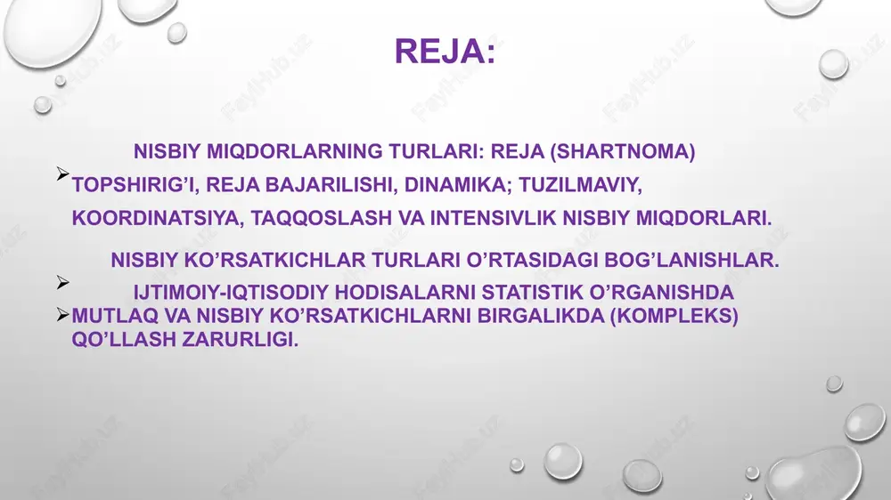 t xizmatlari 67 418,3 116,0 shu jumladan: avtotransport xizmatlari 37 114,4 117,8 yashash va ovqatlanish xizmatlari 7 479,3 118,0 savdo xizmatlari 72 718,6 112,7 ko‘chmas mulk bilan bog‘liq xizmatlar 8 150,9 124,2 ta’lim sohasidagi xizmatlar 11 772,6 128,7 sog‘liqni saqlash sohasidagi xizmatlar 5 018,8 126,4 ijara xizmatlari 5 455,5 121,0 kompyuter va maishiy tovarlarni ta’mirlash bo‘yicha xizmatlar 4 771,5 125,2 shaxsiy xizmatlar 7 171,7 118,7 me’morchilik, muhandislik izlanishlari, texnik sinovlar va tahlil sohasidagi xizmatlar 6 514,3 121,8 boshqa xizmatlar 9 861,2 109,9 5 statistikada nisbiy miqdorlarning o’zining bilish mohiyatiga qarab quyidagi turlarga bo’linadi: tuzilmaviy (struktura) dinamika shartnoma majburiyatining bajarilishi koordinatsiya intensivlik taqqoslash shartnoma majburiyati bajarilishi nisbiy miqdori haqiqiy bajarilgan ko’rsatkich hajmini shartnomada ko’rsatilgan majburiyatlar hajmiga nisbati bilan taqqoslanib aniqlanadi. misol. konditer fabrikasi va supermarket o’rtasida tuzilgan shartnomaga binoan, konditer fabrikasi supermarketga 1 chorakda 12 tonna shokolad, 9 tonna karamel etkazib berishi kerak. haqiqatda etkazib berilgan mahsulot tegishli ravishda 10 va …