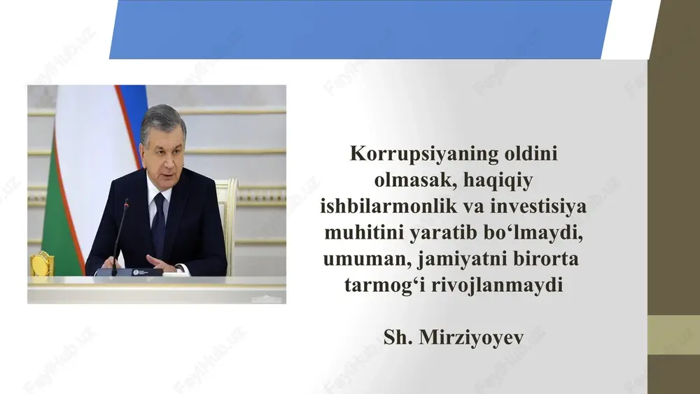 ‘qituvchilar va o‘quvchilar uchun korrupsiya va uning oqibatlari haqida huquqiy seminarlar, treninglar tashkil etish. jamoatchilik va ota-onalar bilan hamkorlikni kuchaytirish va o‘quvchilarni halol fuqarolar sifatida tarbiyalash. o‘qituvchi, o‘quvchi va ota-onalarning shikoyat va takliflarini qabul qilish uchun maxsus platformalar yaratish. korrupsiyani yo‘qotish uchun har bir rahbar mas’uliyatini oshirish, rahbar faoliyatini nazorat qilish. 5 7 8 mavzu yuzasidan xorijiy davlatlar tajribalari yaponiya.yaponiyada fuqarolar va ta’lim sohasidagi xodimlar huquqiy madaniyatga ega bo‘lib, korrupsiyaga qarshi kurashda faol ishtirok etadilar. ular noqonuniy holatlar yuzasidan tezkor chora ko‘radilar va bu korrupsiyani kamayishiga olib keladi. avstraliyada.maktablarda byudjet va moliyaviy faoliyatlarni nazorat qilish uchun ichki audit tizimlari mavjud. bu tizimlar korrupsiya holatlarini aniqlash va oldini olishga yordam beradi.o‘quvchilar, ota-onalar va xodimlar korrupsiyani aniqlash yoki uning oldini olish uchun anonim ravishda shikoyat qilishlari mumkin bo‘lgan tizimlar mavjud. germaniya ishga qabul qilishda ta’lim jarayonida olingan baholar yoki ishga kirish imtihonlaridan a’lo darajada o‘tishga asosiy e’tibor qaratiladi . korrupsiya jinoyatini sodir …
