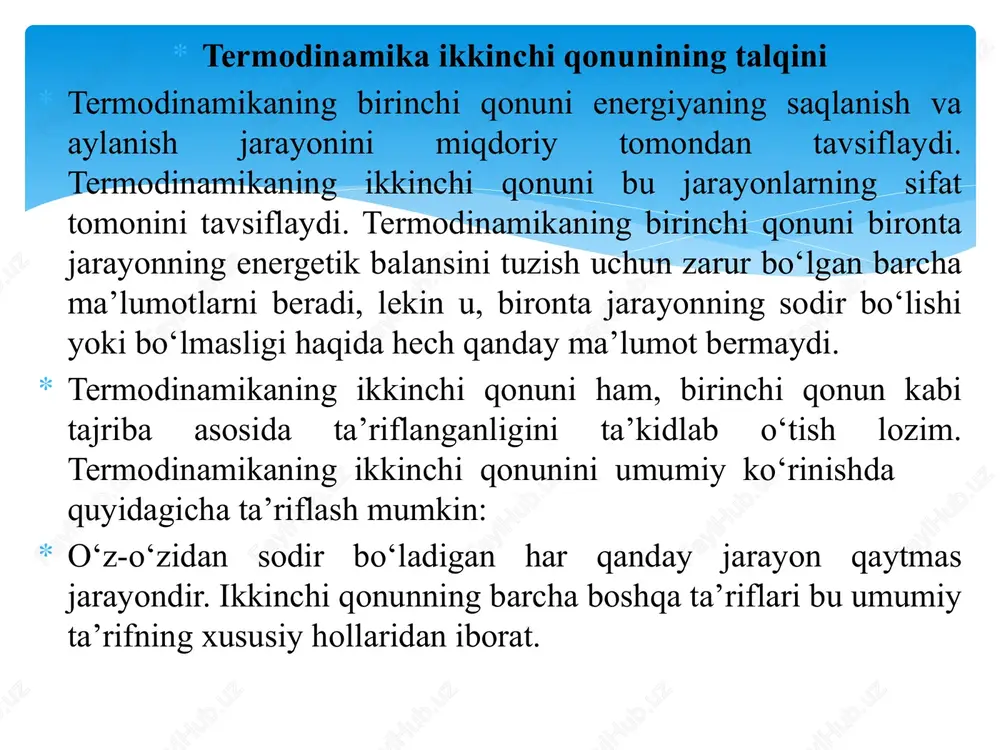 dan iborat bo‘lgan davriy ishlaydigan mashina qurib bo‘lmaydi”. v.f. osvold quyidagi ta’rifni taklif etdi: “ikkinchi tur abadiy dvigatelni, (faqatgina bitta issiqlik manbai hisobiga ishlaydigan) qurib bo‘lmaydi”. shuni aytib o‘tish lozimki, ikkinchi tur abadiy dvigatelining mavjud bo‘lishi termodinamikaning birinchi qonuniga qarshi bo‘lmaydi. haqiqatan ham bu dvigatelda ish hech narsadan emas, balki issiqlik manbaining ichki energiyasi hisobiga bajarilgan bo‘lur edi. issiqlik jarayonlarining o‘ziga xos muhim xususiyatini ta’kidlab o‘tish zarur. mexanik ishni, elektrik ishni, magnit kuchlarining ishini va hokazolarini qoldiqsiz, batamom to‘la issiqlikka aylantirish mumkin. issiqlikka kelsak, davriy takrorlanadigan jarayonda uning bir qismigina mexanik va boshqa turlardagi ishga aylanishi mumkin: uning boshqa qismi muqarrar ravishda sovuq manbaga berilishi kerak. karno sikli. karno teoremasi frantsuz injeneri karno nikola leonar sadi 1824 yilda «olovning harakatlantiruvchi kuchi haqida mulohazalar» asarida issiqlik dvigatellari nazariyasiga asos soldi. karno o‘zining bu ishida issiqlik dvigatelining termodinamikasi uchun alohida ahamiyatga ega bo‘lgan siklini (keyinchalik uning nomi bilan atalgan siklni) ko‘rib chiqdi. …