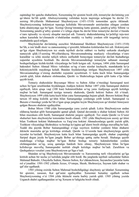 uch-qudrati turlicha bo‘lganligi sababli ham buxoro xonligini shayboniylar davlati, ashtarxoniylar davlati va buxoro amirligi deb ajratgan holda alohida ko‘rib o‘tiladi. muhammad shayboniyxon boshchiligidagi ko‘chmanchi o‘zbeklar 16 asr boshlarida movarounnahr va xurosonni egallab, temuriy shahzodalar hukmronligiga chek qo‘ydilar va bu ulkan hududda o‘zlarining markazlashgan davlatiga asos soldilar. bu davlat poytaxti avval samarqand bo‘lgan bo‘lsa, 16 asr o‘rtalaridan boshlab buxoroga ko‘chiriladi. shundan keyin bu davlat buxoro xonligi deb ham atala boshladi. butun 16 asr mobaynida hokimiyatni o‘z qo‘llarida saqlab kelgan shayboniylar sulolasi hukmronligi o‘zbek davlatchiligi tarixida katta ahamiyatga ega bo‘lib, xuddi shu davrda o‘zbek xalqining etnik shakllanishidagi uchinchi bosqich boshlandi. dashti qipchoqlik o‘zbeklar movarounnahr va xurosondagi mahalliy turkiy xalq – o‘zining azaliy qon-qarindoshlari bilan qo‘shilib ketdi va ularga ham o‘zining nomini berdi. balxash ko‘li va sirdaryoning quyi oqimlaridan to dnepr daryosining quyi oqimlarigacha bo‘lgan ulkan hudud 11 asrdan boshlab dashti qipchoq deb atala boshlangan. qipchoqlar va boshqa turkiy qabilalar hukmronligi ostida bo‘lgan …