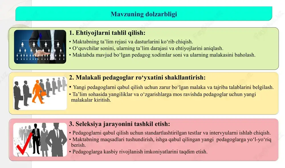 ishda ularni ishga qabul qilishda ilk nazorat sinovlari (mutaxassisligi bo’yicha test, suhbat, akt savodxonligi) o‘tkazish. 2 ta’lim muassasasiga xodimlarni qabul qilishda yangi ishga qabul qilinayotgan xodimning shaxsiy xujjatlari (pasport, diplom, kasbiy sertifikat) orqali ishga qabul qilinadi. aqshda o‘qituvchilik faoliyatini boshlash amerikada ta’lim olganmisiz yoki tayyor mutaxassis sifatida kelganmisiz, har qanday holatda ham ishlashni boshlash uchun professional litsenziya ega bo‘lishi kerak. sertifikatlash talablari sizning davlatingiz, mutaxassisligingiz va ishlashni xohlagan ta’lim darajangizga bog‘liq. shunday qilib, ba’zi hollarda kasbiy muvofiqlik ma’lum testlardan o'tish orqali tasdiqlanadi (masalan, praxis i), ba’zan esa mutaxassis tayyorgarlik dasturidan o‘tishi va imtihon topshirishi kerak. germaniyada o‘qituvchi bo‘lish uchun o‘qituvchilarni tayyorlash kursini o‘tash kerak. federal davlatga qarab, o‘qituvchilarni tayyorlash dasturi turli yo‘llar bilan tartibga solinadi. ko‘pgina hollarda siz ta’lim magistri darajasini olishingiz yoki davlat imtihonidan o'tishingiz kerak, shuningdek, amaliyot o'tashingiz kerak. nemis maktab o‘quvchilarining taxminan 10% keyinchalik o‘qituvchi bo‘lishni xohlashadi. o‘qituvchilar asosan maktablarda ishlaydi va bolalarni o‘qitish va tarbiyalashni ta’minlaydi. …