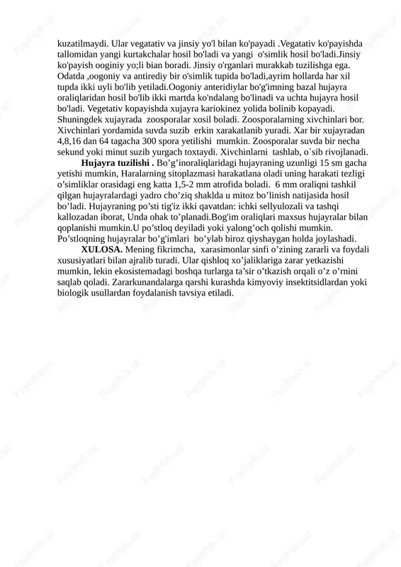 , nixoyat bo’g’im oralig’i hujayrasiga aylanadi. k o’shbotiq hujayra bo’linganida bo’g ‘im o’rtasida ikkita qolib atrofni bir nechta hujayralar o’raydi. keyinchalik o’rtadagi hujayra boshqa bo’linmaydi, atrofidagilari bo’linib“barg”lar hosil qiladi.“barg” mutovkalarining asosida“poya”da tuzulishi va ko’rinishi turlicha bo’lgan yonbargchalar hosil bo’ladi. haralarda jinssiz ko'payish kuzatilmaydi. ular vegatativ va jinsiy yo'l bilan ko'payadi vegatativ ko'payish. bunda tallomidan yangi kurtakchalar hosil bo'ladi va yangi o'simlik hosil bo'ladi.jinsiy ko'payish ooginiy yo’li bian boradi. jinsiy o'rganlari murakkab tuzilishga ega. odatda ,oogoniy va antirediy bir o'simlik tupida bo'ladi,ayrim hollarda har xil tupda ikki uyli bo'lib yetiladi.oogoniy anteridiylar bo'g'imning bazal hujayra oraliqlaridan hosil bo'lib ikki martda ko'ndalang bo'linadi va uchta hujayra hosil bo'ladi. haralarda jinssiz ko'payish kuzatilmaydi. ular vegatativ va jinsiy yo'l bilan ko'payadi .vegatativ ko'payishda tallomidan yangi kurtakchalar hosil bo'ladi va yangi o'simlik hosil bo'ladi.jinsiy ko'payish ooginiy yo;li bian boradi. jinsiy o'rganlari murakkab tuzilishga ega. odatda ,oogoniy va antirediy bir o'simlik tupida bo'ladi,ayrim hollarda har xil tupda …