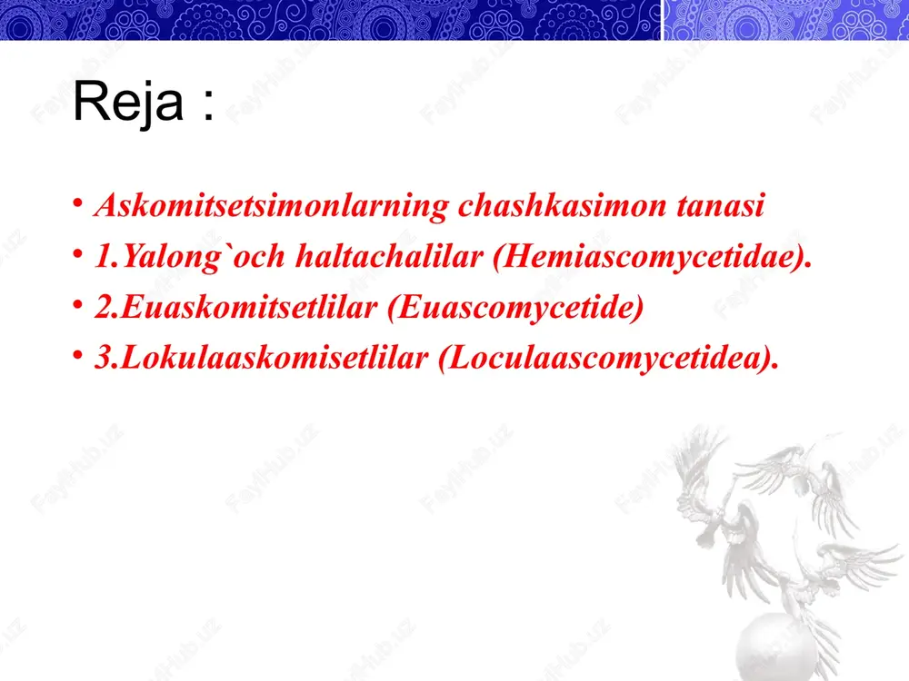 ydi. bu qo`sh yadro yoki dikarion deb ataladi. panjarali askomitset cleistrothecium ularning sitoplazmalari birlashadi,bunga plazmogamiya deyiladi. haltacha ichidagi askosporalar yetilgach sitoplazma ichidagi glikogen qandga aylanadi.qand tashqi muhitdan suvni shimib ,halta ichida turgor bosimni hosil qiladi. hosil bo`lgan bosim kuchi bilan halta ichidagi aksosporalar otilib,10 sm masofaga tarqaladi. yetilgan askospora rasmda. askomitsetsimonlarning jinsiy ko`payishi vaqtida haltachalarning hosil bo`lishini 1907-yil va 1912-yillarda p.klausse pironema amfoledesda batafsil o`rgangan. askomitsetsimonlarning meva tanasi shakllari. 1.kleystotesiy,ya`ni yopiq meva tana. 2.peritesiy, chala ochiq meva tana. 3.apotesiy,ochiq mevatana. kenja sinflari. 1.yalong`och haltachalilar (hemiascomycetidae). 2.euaskomitsetlilar (euascomycetide) 3.lokulaaskomisetlilar (loculaascomycetidea). e`tiboringiz uchun raxmat image10.jpeg image11.jpeg image12.jpeg image13.jpeg image14.jpeg image15.jpeg image16.jpeg image17.jpeg image18.jpeg image19.png image20.jpeg image21.jpeg image22.jpeg image23.jpeg image24.jpeg image25.jpeg image26.jpeg image27.jpeg image5.jpeg image6.jpeg image7.jpeg image8.jpeg image9.jpeg image1.jpeg image2.jpeg image3.jpeg image4.jpeg /docprops/thumbnail.jpeg