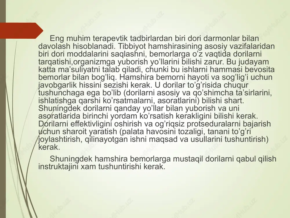 qilish instruktajini xam tushuntirishi kerak. dori moddalarini yuborish usullari: 1) tashqi usul teri qoplamalari, shilliq pardalar yoki nafas yo‘llari orqali 2) ichki(enteral) usul og‘iz yoki to‘g‘ri ichak orqali 3) parenterial usul me'da ichak yo‘llarini chetlab, ya'ni teri osti, teri ichi, mushak ichi va vena ichi in'eksiyalari orqali. eng ko‘p tarqalgan va effekti tez bo‘lgan usul bu parenterial usuldir. dori moddalarini parenterial yuborish dori moddalarining parenterial yuborishning asosiy afzalliklari yuborishning tezligi va dozaning aniqligidadir. in'eksiya deb, dori moddalarining shpris yordamida teri orasiga, teri ostiga, mushakka, va boshqa sohalarga yuborishga aytiladi.bu usul aseptika qoidalariga rioya qilishni talab qiladi. aks holda organizmga kasallik qo‘zg‘atuvchi mikroblar tushib, infeksion asoratlar rivojlanishiga olib kelishi bu esa ba'zan o‘lim bilan tugashi mumkin. shuning uchun tibbiyot hamshirasi asboblarni sterillashdan oldin tayyorlash, o‘z qo‘llari va bemor terisiga ishlov berishi, eng muhimi esa antiseptika qoidalari rioya qilib, jaroxatlarni infeksiya qo‘zg‘atish ehtimoli bo‘lgan mikroorganizmlardan asray bilishi, in'eksiya qilayotganda steril qo‘lqoplarni kiyib …