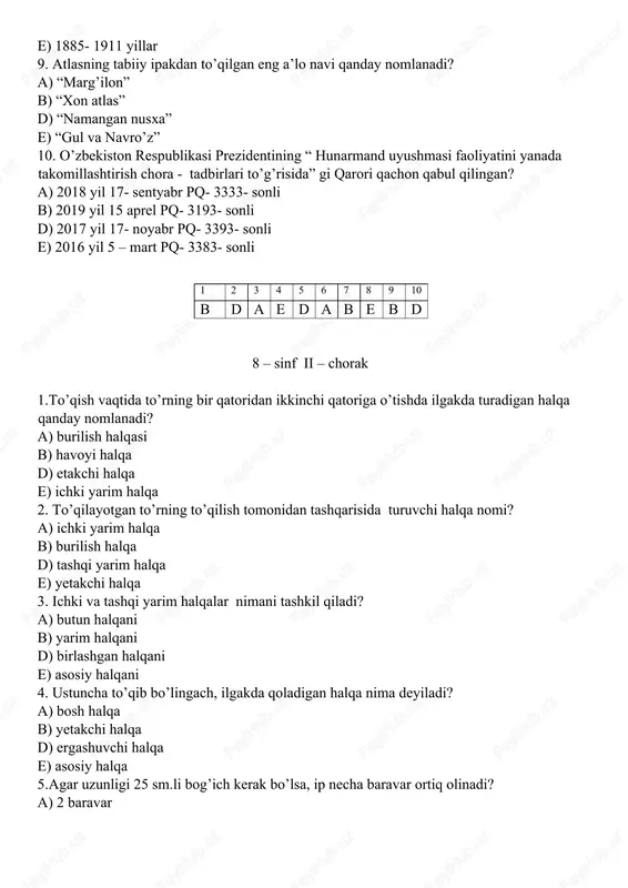 inchi qatoriga o’tishda ilgakda turadigan halqa qanday nomlanadi? a) burilish halqasi b) havoyi halqa d) etakchi halqa e) ichki yarim halqa 2. to’qilayotgan to’rning to’qilish tomonidan tashqarisida turuvchi halqa nomi? a) ichki yarim halqa b) burilish halqa d) tashqi yarim halqa e) yetakchi halqa 3. ichki va tashqi yarim halqalar nimani tashkil qiladi? a) butun halqani b) yarim halqani d) birlashgan halqani e) asosiy halqani 4. ustuncha to’qib bo’lingach, ilgakda qoladigan halqa nima deyiladi? a) bosh halqa b) yetakchi halqa d) ergashuvchi halqa e) asosiy halqa 5.agar uzunligi 25 sm.li bog’ich kerak bo’lsa, ip necha baravar ortiq olinadi? a) 2 baravar b) 4 baravar d) 3 baravar e) 5 baravar 6. 34- 40chi razmerda bolalar ponchosini to’qish uchun nechanchi raqamli aylana spitsalar kerak bo’ladi? a) 4 va 4,5 b) 3 va 3,5 d) 2 va 2,5 e) 5 va 5,5 7.poncho aylana qatorlar bilan qanday shaklda to’qiladi? a) 4 ta …