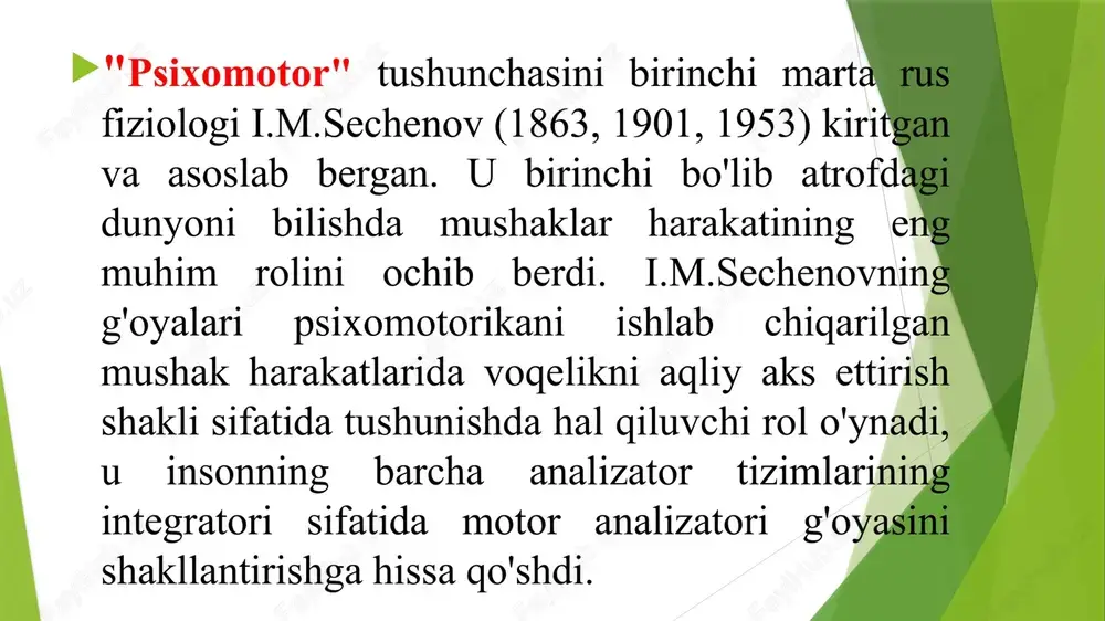 masalan, antik davrning buyuk mutafakkiri va olimi ibn sino ajoyib xotiraga ega edi. u maktab o‘quvchisi sifatida bir necha yillardan buyon boshqalar muvaffaqiyatsiz yodlab kelayotgan ulkan qur’on kitobini bir necha oyda yod oldi va nodir faxriy hofiz unvoniga sazovor bo‘ldi. psixomotorika mexnatning ishonchliligini, sifatini va samaradorligini oshirishda muhim rol o'ynaydi. bu, asosan, insonning jismoniy harakatlari, psixologik holati va kognitiv qobiliyatlari o'rtasidagi bog'liqlikni o'rganadi. quyida psixomotorikaning mexnat jarayonlariga ta'siri haqida to'liqroq ma'lumot beraman: 1. ishonchlilik psixomotorik qobiliyatlar ish jarayonida ishonchlilikni oshiradi. bu, xususan, quyidagi omillar bilan bog'liq: o'z-o'zini nazorat qilish: odamlar o'z harakatlarini nazorat qilishi va ularni to'g'ri yo'naltirishi psixomotor qobiliyatlar bilan bog'liq. bu ishonchni oshiradi va ish sifatini yaxshilaydi. stressga chidamlilik: psixomotorik tayyorgarlik stressga chidamli bo'lishga yordam beradi, bu esa ish jarayonida muammolarga duch kelganda o'zini tutishni osonlashtiradi. 2. sifat psixomotorik qobiliyatlar ish sifatiga ta'sir ko'rsatadi: aniqlik va noziklik: psixomotorika, masalan, qo'l va ko'z koordinatsiyasini rivojlantirishi, ish sifatini yaxshilaydi. xususan, …