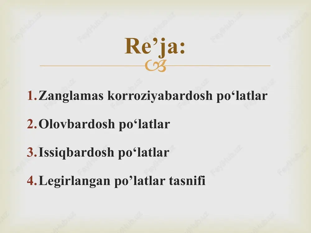 22-25 17-20 1,0 500 35 20x25n20s2** ≤0,2 24-27 18-21 2-3 600 35 issiqbardosh po‘latlar oquvchanlik chegarasini haroratga bog‘liqligi:1-al; 2-cu; 3-ti; 4-to; 5-w. legirlovchi elementlar po‘latga atayin kiritilib, uning xossalariga va qurilishiga ta’sir qiladi. shunaqa elementlar kiritilgan po‘latlar legirlangan po‘latlar deyiladi. pulatni uzida kremniy va marganets bo‘ladi, lekin kremniy miqdori 0,4% dan oshsa, marganets 0,8% dan oshsa bunday po‘latlar ham legirlangan hisoblanadi. legirlangan po’latlar tasnifi a – azot, b – niobiy, p – fosfor, d – mis, g – marganets, v – volfram, f – vanadiy, k – kobolt, m –molibden, n – nikel, r – bor, t – titan, s – kremniy, x – xrom, ts – tsirkoniy, yu – alyuminiy, ch – siyrak-er metallari. 18x2n4v en154 0,18% - s “elektrostal” zavodi 2% - x n – “tajribaviy (eksperimentalny)” 4% - n 154 – tartib nomeri 1% - w legirlangan po‘latlarni markalanishi legirlangan po‘latlardan tayyorlangan detallar