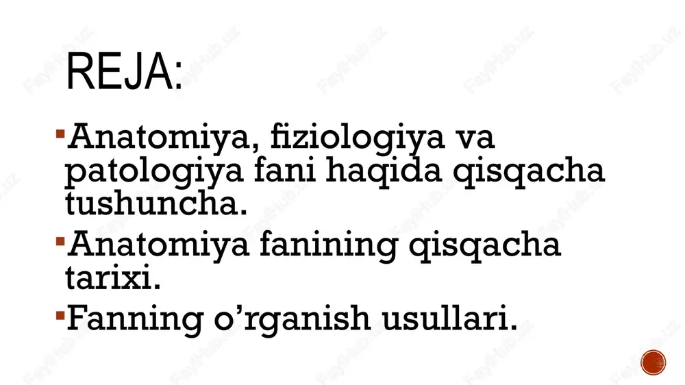 o‘rganadi. anatomiyani o‘rganish usullari kesib preparatlar tayyorlash usuli. bunda skalpel (pichoqcha) va pinset bilan murda a’zolarini kesish orqali preparatlar tay- yorlanadi. inyeksiya usuli — ichi kavak a’zolar va qon tomirlariga turli xil rangli moddalar yuborib to‘ldirib o‘rganish usuli. palpatsiya — tirik odamda a’zo va to‘qimalarni paypaslab ko‘rib o‘rganish usuli. perkussiya — a’zo va to‘qimalarni barmoq yoki bolg‘acha bi­lan urib ko‘rib aniqlash. bu ikki usul poliklinika va kasalxonalarda keng qo‘llanilib, undan a’zolarning chegaralarini aniqlashda foy- dalaniladi auskultatsiya usuli — maxsus eshitish asboblari yordamida a’zolar (yurak, o‘pka)ning ishlab turgandagi tovushi eshitib ko‘ri- ladi. bu usul a’zolarning normal yoki kasallik holatini aniqlashga yaxshi yordam beradi. antropometriya usuli — bunda gavdaning uzunligi, kengligi va og‘irligi o‘lchanib, olingan ma’lumotlar organizmning ayrim bo‘- laklariga taqqoslanib, ularning oshishi yoki o‘zgarganligi kuzatib bo- riladi. rentgenoskopiya va rentgenografiya usullari — bunda rent- gen nuri yordamida a’zo va to‘qimalarning holati ko‘riladi yoki tas- virga olib o‘rganiladi. korroziya yoki yemirish usuli …