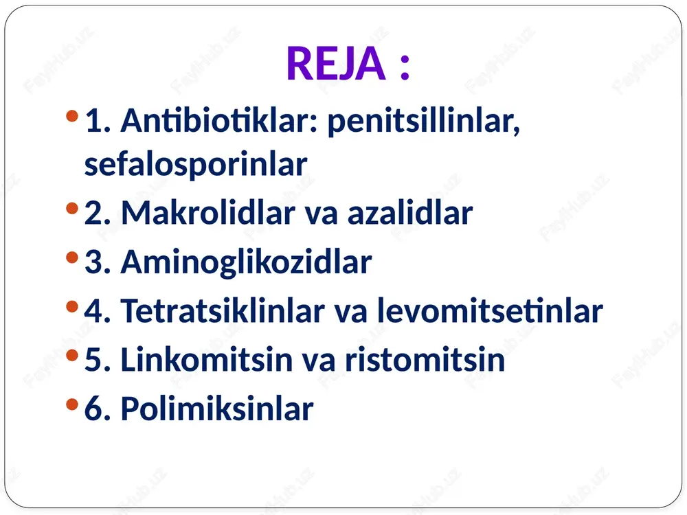 itsinlar, ular ta’sirida mikroorganizmlarning o'sishi, ko'payishi to'xtatiladi. antibiotiklar mikroorganizmlarga qarshi ta’sir mexanizmiga ko'ra 4 guruhga bo'linadi: 1. mikroorganizmlarning hujayra qobig‘i hosil bo'lishini to'xtatib, bakteritsid ta ’sir ko'rsatadigan antibiotiklar - penitsilinlar, sefalosporinlar. 2. mikroorganizmlarning sitoplazmatik membranalarini o'tkazuvchanligini jarohatlab, bakteritsid ta ’sir ko'rsatuvchi antibiotiklar - polimiksinlar, gramitsidin, nistatin, levorin. 3. mikroorganizmlar oqsillarini hosil bo'lishini to'xtatib, bakteritsid hamda bakteriostatik ta’sir ko'rsatadigan antibiotiklar. bakteriostatik ta’sir etadigan moddalar: tetratsiklinlar, levomitsetin; bakteritsid ta’sir etadigan moddalar—streptomitsin, neomitsin, monomitsin, gentamitsin. 4. mikroorganizmlarni rnk sini hosil bo'lishini kamaytirib, bakteriostatik ta’sir ko'rsatadigan antibiotik - rifampitsinlar. penitsillinlar penitsillinlar biologik yo‘l bilan mog'or zamburug'lar - penicillinum notatum, penicillinum chrysogeniumlardan hamda yarim sintez yo'li bilan olinadi, shu tufayli penitsillinlar 2 guruhga bo‘linadi: biosintetik hamda yarim sintetik penitsillinlar. biosintetik penitsillinlar: benzilpenitsillinning natriyli, kaliyli, novokainli tuzi, bitsillin-1, bitsillin-3, bitsiliin-5 penitsillinlar katta amaliy ahamiyatga ega, tibbiyotda juda keng qo'llanadi: zotiljam, angina, sepsis, saramas, qoqshol, gazli gangrena, kuydirgi, so'zak, meningit, zaxm, moxov, yuqumli ko'z xastaligi, buyrak, o't …
