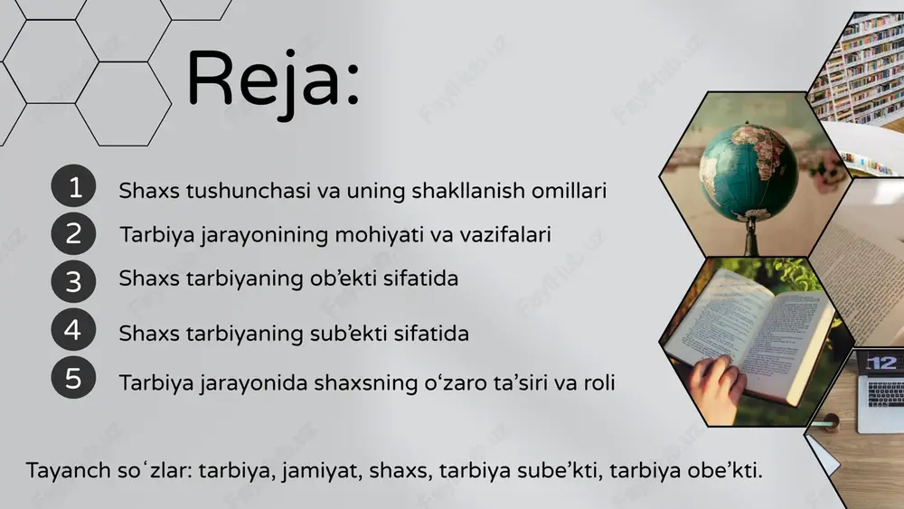nchasi va uning shakllanish omillari shaxs tushunchasi — bu insonning ijtimoiy mohiyatini ifodalovchi, uning ongli faoliyat yuritish, fikrlash, muloqot qilish va jamiyatda o‘z o‘rnini topish qobiliyatini bildiruvchi tushunchadir. oddiy qilib aytganda, shaxs — bu insonning jamiyatda shakllangan, ma’naviy-axloqiy qadriyatlarga ega bo‘lgan, o‘z xulq-atvori va faoliyati uchun mas’uliyatni his qiladigan ijtimoiy mavjudotidir. shaxsning shakllanishi — bu uzoq davom etadigan ijtimoiy-pedagogik jarayon. bu jarayonda insonning: biologik xususiyatlari (tug‘ma qobiliyatlar), ijtimoiy muhit (oila, maktab, jamoa, do‘stlar), tarbiya (o‘qituvchi va ota-onalar ta’siri), shaxsiy faoliyat (o‘zini o‘zi anglash, o‘zini rivojlantirish) muhim rol o‘ynaydi. tarbiya mohiyati tarbiya — bu inson shaxsini har tomonlama rivojlantirishga, unda ma’naviy, axloqiy, aqliy, jismoniy, estetik va ijtimoiy sifatlarni shakllantirishga qaratilgan maqsadli pedagogik jarayondir. u jamiyatning maqsadi, qadriyatlari va ehtiyojlariga muvofiq holda insonni ongli, mas’uliyatli va barkamol shaxs sifatida voyaga yetkazishni ko‘zlaydi. tarbiya jarayonining asosiy xususiyatlari: 1. uzliksizlik — tarbiya inson hayotining barcha bosqichlarida davom etadi. 2. ma’naviy yo‘naltirilganlik — shaxsda axloqiy …