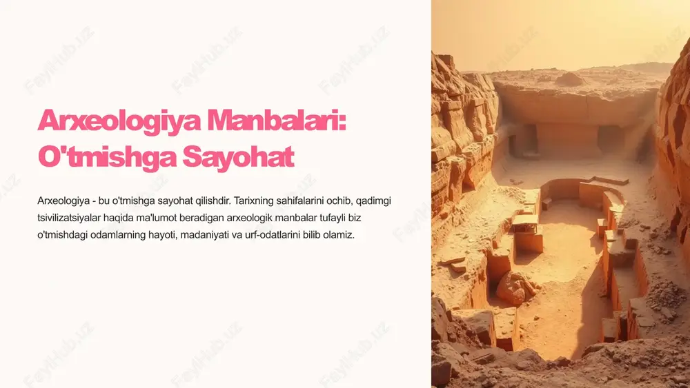 tlari haqida ma'lumot beradi. masalan, qadimgi misr devor rasmlari ularning o'limlarga oid qarashlarini aks ettiradi. musiqa musiqiy asboblarning qoldiqlari, musiqiy yozuvlar va qadimgi matnlardagi musiqa haqagi ma'lumotlar orqali biz o'tmishdagi odamlarning musiqiy madaniyati haqida bilib olamiz. bu ma'lumotlar musiqiy janrlar, cholg'ular va musiqa ijrosi haqida tushuncha beradi. teatr qadimgi teatr asarlari, sahna bezaklari, kostyumlar va aktyorlik uslublari haqida ma'lumotlar bizga o'tmishdagi odamlarning dramatik san'ati va ijtimoiy hayot haqida ma'lumot beradi. qadimgi yunon teatr asarlari o'sha davrning ijtimoiy muammolarini, afsonalarini va e'tiqodlarini aks ettiradi. 5 arxeologik muzey 1 ta'lim va tadqiqot arxeologik muzey o'tmish haqida bilimlarni saqlash, o'rganish va tarqatish markazidir. bu muzeyda topilgan artefaktlar, qoldiqlardan olingan namunalar va hujjatlar saqlanadi. 2 o'rganish va tushunish muzeyda namoyish etilgan artefaktlar o'tmish haqida ma'lumot olish va o'rganish imkonini beradi. ziyoratchilar qadimgi tsivilizatsiyalar haqida, ularning hayoti, madaniyati va urf-odatlari haqida bilib oladilar. 3 insoniyat tarixi arxeologik muzeyda namoyish etilgan artefaktlar insoniyat tarixining turli davrlarini …