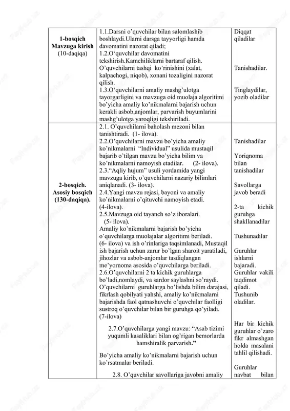pachogi, niqob), xonani tozaligini nazorat qilish. 1.3.o‘quvchilarni amaliy mashg’ulotga tayorgarligini va mavzuga oid muolaja algoritimi bo’yicha amaliy ko’nikmalarni bajarish uchun kerakli asbob,anjomlar, parvarish buyumlarini mashg’ulotga yaroqligi tekshiriladi. diqqat qiladilar tanishadilar. tinglaydilar, yozib oladilar 2-bosqich. asosiy bosqich (130-daqiqa). 2.1. o’quvchilarni baholash mezoni bilan tanishtiradi. (1- ilova). 2.2.o’quvchilarni mavzu bo’yicha amaliy ko’nikmalarni “individual” usulida mustaqil bajarib o’tilgan mavzu bo’yicha bilim va ko’nikmalarni namoyish etadilar. (2- ilova). 2.3.“aqliy hujum” usuli yordamida yangi mavzuga kirib, o’quvchilarni nazariy bilimlari aniqlanadi. (3- ilova). 2.4.yangi mavzu rejasi, bayoni va amaliy ko’nikmalarni o’qituvchi namoyish etadi. (4-ilova). 2.5.mavzuga oid tayanch so’z iboralari. (5- ilova). amaliy ko’nikmalarni bajarish bo’yicha o’quvchilarga muolajalar algoritimi beriladi. (6- ilova) va ish o’rinlariga taqsimlanadi, mustaqil ish bajarish uchun zarur bo’lgan sharoit yaratiladi, jihozlar va asbob-anjomlar tasdiqlangan me’yornoma asosida o’quvchilarga beriladi. 2.6.o’quvchilarni 2 ta kichik guruhlarga bo’ladi,nomlaydi, va sardor saylashni so’raydi. o’quvchilarni guruhlarga bo’lishda bilim darajasi, fikrlash qobilyati yahshi, amaliy ko’nikmalarni bajarishda faol qatnashuvchi o’quvchilar faolligi …