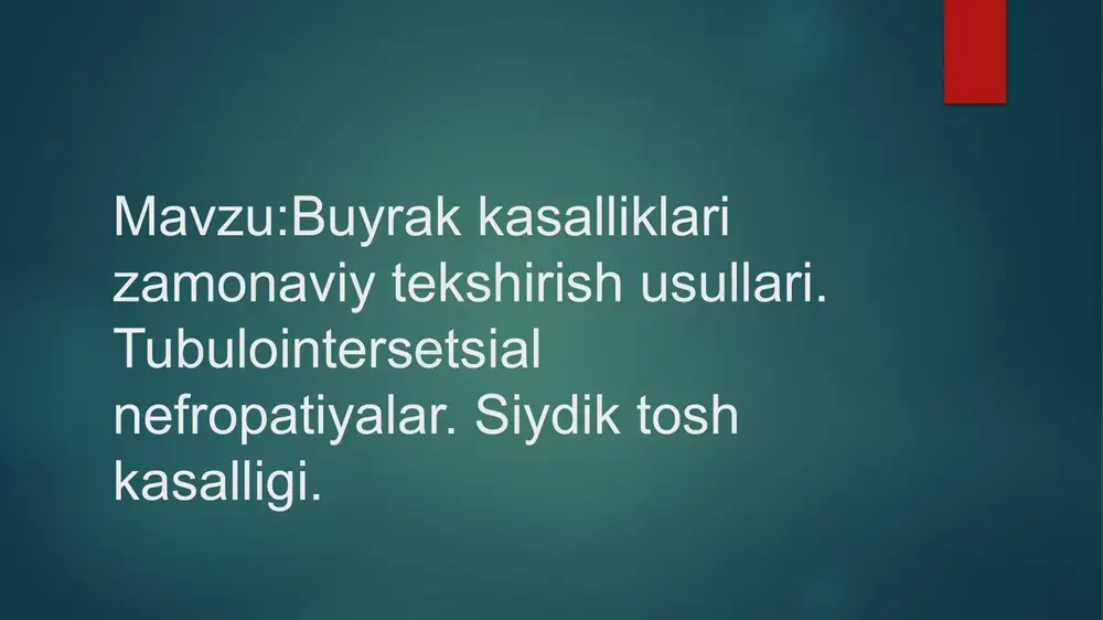 liklarning o’tkir va surunkali shakllari farqlanadi. kirib, buyrak kanalchalari va oraliq to’qimasining birlamchi zararlanishi bilan kechadi. etiologiyasi . o’tkir tubulointerstitial nefropatiyalarga infeksiya (bakterial, virusli, parazitar), dorilar, (nosteroid yallig’lanishga qarshi dori vositalar, turli kimyo terapiyalari, immuno-supressantlar, antibiotiklar, litiy tuzlari, xalq tabobati vositalari), autoimmun kasalliklar (tizimli qizil yugurik, shegren kasalligi), metabolik o’zgarishlar (kalsiy, kaliy, siydik kislotasi almashinuvining buz-ilishi), ekzogen toksinlar va fizik omillar (og’ir metallar, rentgen-kontrast moddalar, ionli nurlanishlar, spirtli ichimliklar) va siydik yo’llari obstruksiyasi sabab bo’ladi. tubulointerstitial nefropatiyani patogenezi va unda kuzatiladigan morfologik oʻzgarishlar etiologik omil-ning xususiyati va ta’sir qilish vaqtining qisqa yoki davomiyligiga bog’liq. uning barcha shakllarida kanalcha-lar epiteliysida turli darajadagi oʻzgarishlar (atrofiya, nekroz o’choqlari, epiteliya deskvamatsiyasi) va inter-stitial to’qimada infiltrativ jarayonlar aniqlanadi. zararlangan proksimal kanalchalar shyotkalari hoshiyalari (dorilar, paraproteinlar, siydik kislotasi kristallari, oksalatlar ta’sirida) ba’zan antigen tasirini oladi. oqibatda immunkompleks reaksiyalar yuzaga kelib, ikkilamchi glomerulonefrit rivojlanadi. tubulointerstitial nefropatiyalar nihoyasida interstitiya nekrozi va kanalchalar epiteliyasida degen-erativ oʻzgarishlar rivojlanadi. klinikasi. kasallikning …
