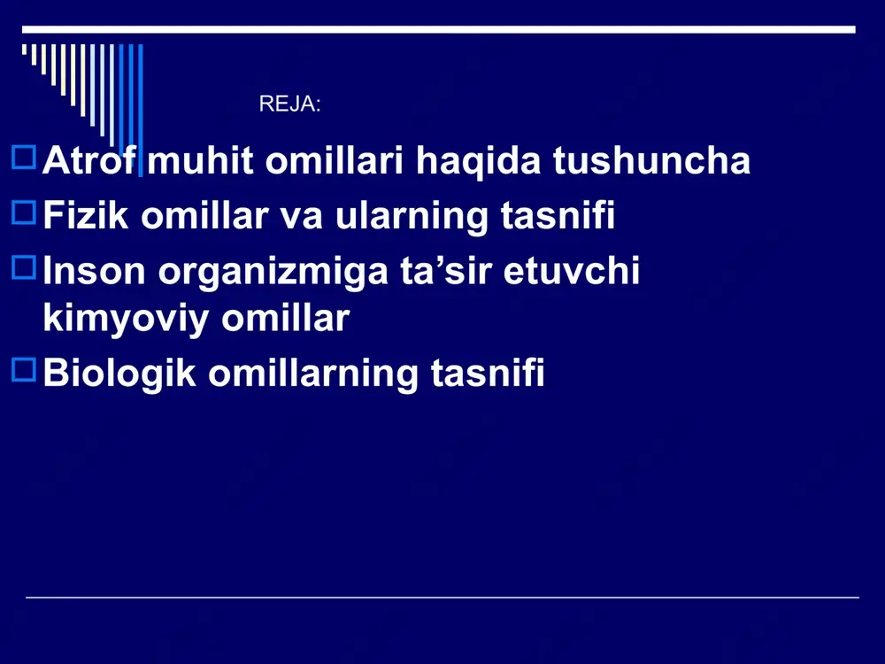 juda koʻp omillar taʼsir koʻrsatadi. ana shu omillarning ayrim organizmlarga koʻrsatgan taʼsiri natijasi esa xilma-xildir. omilning organizm hayoti uchun eng qulay darajasi — optimal daraja deyiladi. har qanday ekologik omillarning eng yuqori darajasi maksimum va eng quyi darajasi minimum boʻladi. tabiiyki, har bir tirik organizm uchun u yoki bu ekologik omilning oʻz maksimumi, minimumi va optimumi boʻladi. chunonchi, uy pashshasi 7° dan 0° gacha yashashi mumkin. ular uchun yashashning optimum darajasi 36—40° ni tashkil etadi. shuni ham taʼkidlash zarurki, ekologik omillar organizmlarga kompleks taʼsir etgandagina ular yuqori natija beradi. : atmosfera havosi, suv va tuproq omillarining aholi salomatligiga ta'siri qonuniyatlari o'rganiladi. atrof-muhit salomatligi . shuningdek, omillarning salomatlikka salbiy ta'sirini oldini olish va atrof-muhitni ifloslanishdan himoya qilish choralarini ishlab chiqadi. ko'pincha atrof-muhit omillari insonga birgalikda ta'sir qiladi. o'zaro ta'sir natijasida ba'zi omillar boshqalarning ta'sirini kuchaytirishi yoki zaiflashtirishi, qo'shilishi yoki befarq qolishi mumkin. bugungi kunning eng muhim ekologik muammolaridan biri bu ifloslanish, …