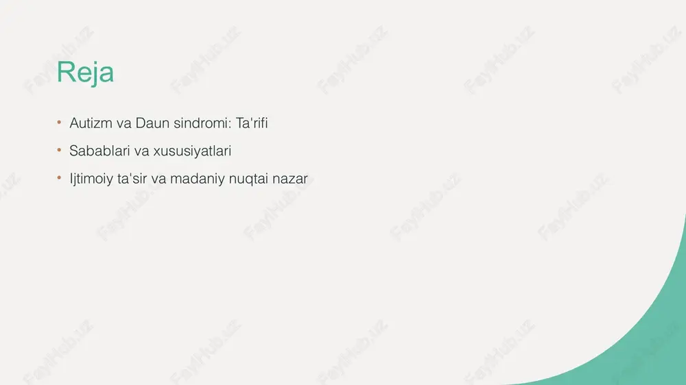 romining asosiy sabablari: genetik va atrof-muhit omillari. genetik omillar autizm va daun sindromining asosiy sabablari orasida genetik mutatsiyalar mavjud. xususiy genlar bu kasalliklarning rivojlanishida muhim rol o'ynaydi. atrof-muhit ta'siri atrof-muhit omillari, masalan, onaning homiladorlik davrida ta'sir qiluvchi toksinlar, autizm va daun sindromi rivojlanishiga ta'sir ko'rsatishi mumkin. irqiy omillar ba'zi irqiy guruhlar autizm va daun sindromiga ko'proq moyil. masalan, bu kasalliklar ayrim etnik guruhlar orasida yuqori darajada uchraydi. ijtimoiy-fizik omillar ijtimoiy-fizik omillar, masalan, ota-onalar orasidagi yosh farqi, kasalliklarning rivojlanishida muhim rol o'ynaydi, bu esa genetik predispozitsiyaga ta'sir qiladi. xususiyatlar: autizm va daun sindromining klinik belgilari. 01 autizmning belgilari autizmning klinik belgilari ichiga ijtimoiy aloqa qiyinchiliklari, takroriy xatti-harakatlar va cheklangan qiziqishlar kiradi, bu esa o'ziga xos rivojlanishga olib keladi. 02 daun sindromi belgilari daun sindromida o'ziga xos xususiyatlar, masalan, aqliy rivojlanish kechikishi, yuz xususiyatlari va mushak tonusining pasayishi kuzatiladi, bu holatlarning har biri farqlidir. 03 umumiy muammolar har ikkala kasallikda ham o'ziga …