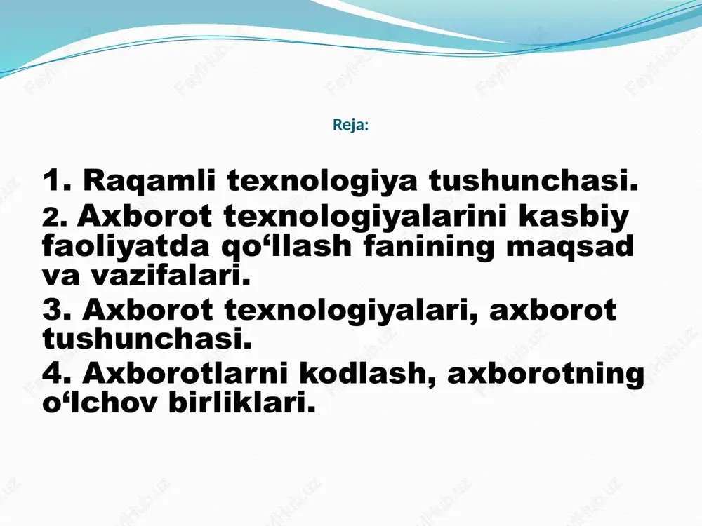 da ma’lumotlar bilan ishlashni amalga oshirib beradigan mobil ijtimoiy tarmoqlar, bulutli texnologiyalar, sensor tarmoqlar, buyumlar interneti hamda sun’iy intellekt texnologiyalarini misol sifatida ko‘rsatish mumkin: axborot texnologiyalarini kasbiy faoliyatda qo‘llash - hisoblash texnikasi vositalari bilan ma’lumotlarni yaratish, saqlash, qayta tiklash, qayta ishlash va uzatish usullari, hamda ushbu vositalarni faol yuritish jarayonining tamoyillari va ularni boshqarish usularini tizimlashtiruvchi texnik fan. atkfq ning predmeti – bu axborot va bilimlarni o’zida birlashtiruvchi axborot resursi. atkfq fanining vazifalari: hisoblash texnika vositalarini ishlab chiqish va faol yuritishni tashkil qilish. samarali interfeysni ishlab chiqish va tashkil qilish. ma’lumotlarni kiritish, qayta ishlash, saqlash va chiqarish. tarmoqlarni ishlab chiqish va faol yuritishni tashkil qilish. axborot tizimlarniishlab chiqish va faol yuritishni tashkil qilish. axborotlarni himoyalash. dasturlash. axborot texnologiyasi — axborotni to’plash, saqlash, izlash, unga ishlov berish va uni tarqatish uchun foydalaniladigan jami uslublar, qurilmalar, usullar va jarayonlar majmui. axborot tushunchasi o‘zbekiston respublikasining 2002 yil 12 dekabrdagi 439-ii son “axborot erkinligi …