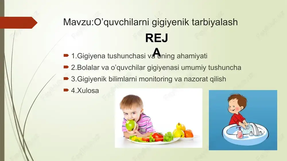 normativlarini ishlab chiqish zamonaviy gigiyenaning eng muhim vazifalaridan biridir. gigiyenaning amaliy tomonini maxsus boʻlim — sanitariya tashkil etadi. gigiyenik tadqiqrtlarda tashqi muhit (havo, suv, tuproq), oziq-ovqat mahsulotlari, qurilish materiallari, kiyim-kechak va poyabzallarni fizik-kimyoviy jihatdan oʻrganish usullari, sanitariya statistikasidan foydalangan holda bakteriologik, biokimyoviy, klinik va demografik tekshirish usullari qoʻllanadi. gigiyenaning asosiy vazifasi bolaning har tomonlama barkamol bo'lib o'sishi va rivojlanishi, jismonan va ruhan yetuk bo'lishi, farovon hayot kechirishi uchun qulay sharoit yaratib berishdan iborat. gigiyena bir kishining shaxsiy ishi bo'libgina qolmay, davlat va jamoatchilik ishi ham ekanligini yoddan chiqarmaslik kerak. davlat tomonidan yaratib berilgan qulayliklar, sharoit hali insonlar uchun, ularning sog'ligi uchun sharoit yaratib berdi degani ham emas. agar davlat maktabga shinam, qulay maktab binosini qurib bersa, uni o'quvchilar uchun mos o'quv jihozlari bilan ta'minlasa hali bu yetarli bo'lmaydi. o'quvchi o'ziga qaramasa, xonani, o'tirgan joyini iflos qilib ketaversa bu uning sog'ligi uchun to'g'ri kelmay qolishi mumkin. shu sababdan shaxsiy gigiyena ham …