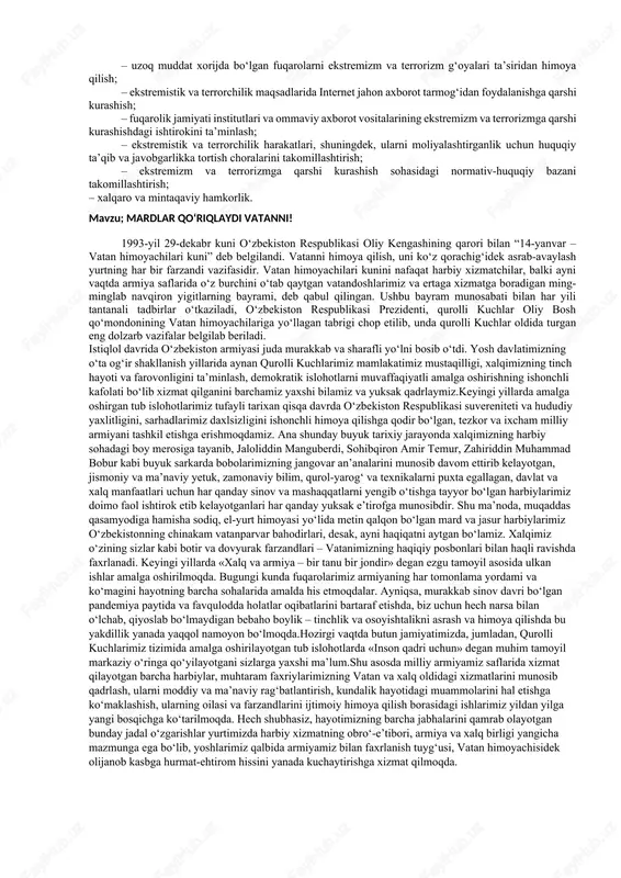a tashkilotlarning a’zolari tomonidan zamonaviy axborot vositalaridan foydalanib, din niqobi ostida yoshlarimizni zo‘ravonlikka, milliy o‘zlik va oilaviy qadriyatlarni yo‘qotishga undash harakatlari bilan jamiyatda murosasizlik, buzg‘unchilik va radikal qarashlarning tarqalishi harakatlari davom etayotganini kuzatish mumkin. bunday harakatlar zamirida esa terrorchi tashkilotlarning o‘z safini yanada kengaytirish maqsadlari borligi namoyon bo‘lmoqda. shu sababli, muqaddas dinimizda qoralangan, qadriyatlarimizga zid bo‘lgan va an’analarimiz qabul qilmaydigan radikalizm, ekstremizm va terrorizm kabi illatlardan yoshlarimizni asrash, ularning tarqalishiga xizmat qilayotgan har qanday faoliyatga chek qo‘yish yuzasidan chora-tadbirlarni belgilash, bu borada milliy va xalqaro tajribalardan foydalanish davlatimiz siyosatining muhim yo‘nalishlaridan hisoblanadi. ta’kidlash lozimki, dunyo mamlakatlarida tahdidlarni oldini olish bo‘yicha turli yo‘nalishlar va tadbirlar jarayoni amalga oshiriladi. xususan, o‘zbekistonda hukumatimiz tomonidan tegishli ishlar tashkil qilingan. bu borada aholi, ayniqsa, yoshlar orasida radikalizm va ekstremizm g‘oyalarining tarqalishini oldini olishga qaratilgan oliy darajadagi hujjatlarni qabul qilish orqali belgilanib berilganini kuzatish mumkin. shuningdek, 2021-yil 1-iyulda o‘zbekiston respublikasi prezidentining farmoni asosida qabul qilingan 2021-2026-yillarga …
