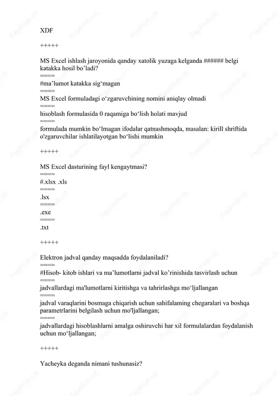 matik funksiyani aniqlang? ==== #ostat(39,6) ==== srznach (39,6) ==== maks (39,6) ==== cumm (39,6) +++++ … – katakchaga kiritilgan “=” belgisidan boshlanga ketma-ketlik ==== #formula ==== mulohaza ==== qiymat ==== to`g`ri javob yuq +++++ katakchaga kiritilgan ketma-ketlik son ham, formula ham bo’lmagan hol – ==== #matn ==== formula ==== mulohaza ==== qiymat +++++ cumm (39,5) natijani yozing ==== #44 ==== 34 ==== 36 ==== 22 +++++ har bir .xls faylda 1dan nechagacha varaq joylashishi mumkin? ==== #255 ==== 256 ==== 258 ==== 254 +++++ ms excel elektron jadvalida b2:c7 ifoda nechta katakni belgilaydi. ==== #12 ==== 11 ==== 13 ==== 10 +++++ qaysi qatorda “axborot” tushunchasiga to‘g‘ri ta’rif berilgan? ==== #inson organizmidagi barcha sezgi organlari orqali miyada aks ettirish. ==== ma’lumotlar tadqiqotlar jarayonida olingan bilimlar. ==== tajriba yoki tahsil olish. ==== axborot bu bizning hissiyotlarimiz. +++++ inglizcha word so`zining lug`aviy ma’nosi? ==== #so`z ==== gap ==== matn ==== tahrirlagich +++++ …
