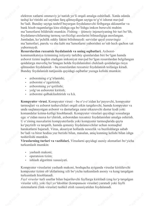 ishi uchun u birinchidan axborot kommunikatsiya tizimida ruyxatdan o‘tgan bo‘lishi kerak va shundan so‘ng u o‘z logini va parolini o‘zi hosil qilishi yoki tizim tomonidan berilgan login parolga ega bo‘lishi mumkin. login va parollar ma’lum uzunlikdagi belgilar ketma-ketligidan tashkil topadi. login va parollarning uzunligi va qiyinligi uning qanchalik xavfsizligini ya’ni buzib bo‘lmasligini ta’minlaydi. login va parolni buzish.login va parolni buzish – bu buzg‘unchining biror bir maqsad yo‘lida axborot kommunikatsiya tizimi ob’ektlaridan foydalanish uchun qonuniy tarzda foydalanuvchilarga tegishli login va parollarini buzishdir. bunda maxsus dastur yordamida login va parollar generatsiya qilib topiladi. login va parollarning uzunligi bu jarayonning uzoq vaqt davom etishiga yoki generatsiya qilaolmasiligiga ishora bo‘ladi. login va parolni o‘g‘irlash. login va parolni o‘g‘irlash – bu foydalanuvchilarning mahfiy ma’lumotlari bo‘lgan login va parollarga ega bo‘lish maqsadida amalga oshiriladigan internet firibgarligining bir turidir. bu mashhur brendlar, masalan, ijtimoiy tarmoqlar, banklar va boshqa servislar nomidan elektron xatlarni ommaviy jo‘natish yo‘li orqali amalga …