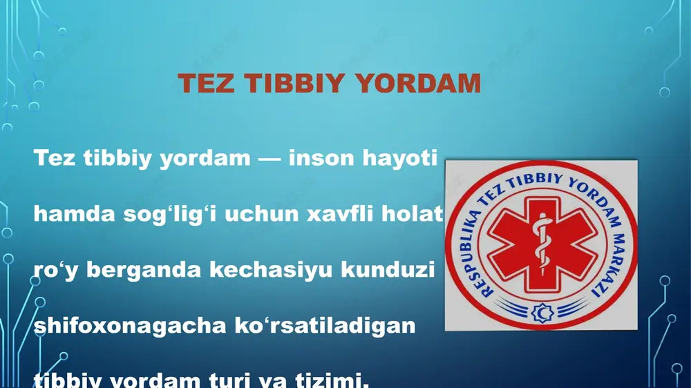 ish. hayotiy muhim funksiyalarni saqlab qolish odamning hushini tiklash yoki hushsiz holatda ham nafasini va yurak urishini nazorat qilish. kislorod berish, defibrillyatsiya, shokning oldini olish. jabrlanganni barqarorlashtirish og‘ir og‘riqlarni kamaytirish. travmatik shok, hushdan ketish yoki qon bosimining keskin tushishiga qarshi chora ko‘rish. tezkor tashish (transport) jabrlanganni imkon qadar tez va xavfsiz tarzda shifoxona yoki ixtisoslashgan bo‘limga yetkazish. transport jarayonida ham nazorat va yordamni davom ettirish. epidemik va ommaviy favqulodda holatlarda yordam ko‘rsatish ko‘p odam jabrlanganda (avariya, zilzila, portlash, yong‘in) yordamni tashkil qilish va tarqatish. tibbiy xizmatlar o‘rtasida muvofiqlikni ta’minlash favqulodda holatda tez yordam xizmati boshqa shifoxonalar va maxsus xizmatlar bilan hamkorlik qiladi. sodda qilib aytganda, tez tibbiy yordamning asosiy vazifasi — hayotni saqlash, xavfni kamaytirish va bemorni davolash muassasasiga yetkazish. № vazifa nomi izoh 1 favqulodda holatda birinchi yordam cpr (yurak massaji, sun’iy nafas), qon ketishni to‘xtatish, yara bog‘lash 2 hayotiy muhim funksiyalarni saqlab qolish nafas, yurak urishi, qon aylanishini …