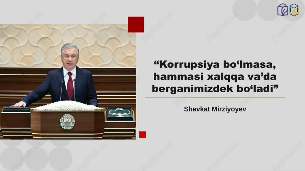 da qadimgi shumer davlati tan olinadi. qadimgi davlatlarni ayniqsa huquqni muhofaza qiluvchi organlarning poraxo‘rligi qattiq tashvishga solganligi bizgacha saqlanib qolgan manbalardan ma’lum. chunki bu holat davlatning obro‘siga juda qattiq putur yetkazardi. 01 02 03 04 mavzuga oid meyoriy huquqiy hujjatlar o‘zbekiston respublikasi 2019-yil 27-maydagi “o‘zbekiston respublikasida korrupsiyaga qarshi kurashish tizimini yanada takomillashtirish chora-tadbirlari to‘g‘risida”gi pf-5729-sonli farmoni o‘zbekiston respublikasi maktabgacha va maktab ta’limi vazirining “korrupsiyaga qarshi kurashishga oid ichki idoraviy hujjatlarni yangi tahrirda tasdiqlash haqida” 2023-yil 27-iyundagi 196-son buyrug‘i “normativ-huquqiy hujjatlarning va ular loyihalarining korrupsiyaga qarshi ekspertizasi to'g'risida”gi qonun (o‘rq–860-son, 08.08.2023-y.) prezident tomonidan imzolandi. o‘zbekiston respublikasi prezidentining 2020- yil 29- iyundagi pf-6013-sonli “o‘zbekiston respublikasida korrupsiyaga qarshi kurashish tizimini takomillashtirish bo‘yicha qo‘shimcha chora-tadbirlar to‘g‘risida” gi farmoni o‘zbekiston respublikasi prezidentining farmoni 2023-yil 27-noyabr, pf-200-son korrupsiyaga qarshi kurashish tizimini yanada takomillashtirish hamda davlat organlari va tashkilotlari faoliyati ustidan jamoatchilik nazorati tizimi samaradorligini oshirish chora-tadbirlari to‘g‘risida. o‘zbekiston respublikasi prezidentining 2021-yil 6-iyuldagi "korrupsiyaga qarshi kurashish faoliyatini …