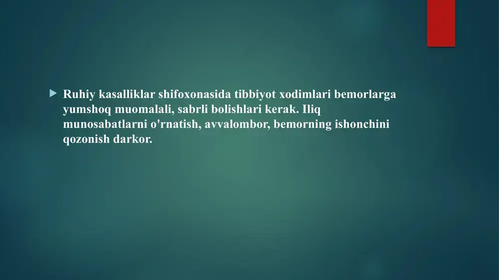 a qilinmasa, oilaning boshqa a'zolariga yuqish xavfi borligi tushuntirilishi kerak. ko'pincha aholi o'rtasida ―o'zim tuzalib ketaman‖, degan noto'g'ri fikr yuradi. jarrohlik bo'limidagi bemorlar bilan muloqot. 1.bo'limga reja asosida kelgan bemorlar. 2. bo'limga to'satdan kelgan bemorlar ginekologiya va tug 'riq bo'limidagi bemorlar bilan muloqot. ginekologiya bo'limidagi ayollarni tekshinsh jarayonida ular tabiatiga xos bo'lgan uyatchanlikni hisobga olib, muomala qilish kerak. ayniqsa, befarzand va klimaks davridagi ayollar fe'li juda ta'sirchandir. bemor ayollarni imkon qadar begona nigohlardan xalos etgan ma'qul. tug'ish jarayonida ayollarga muloyim so'zlash, qo'pol xatti-harakat qilmaslik, shirin so'zlar bilan qo'llab-quvvatlash kerak. pediatriyada muomala odobi. bola tinmay yig'lab, pediatr ko'rigiga xalaqit berishi mumkin. lekin shifokor bu holatda asabiylashmasligi, sovuqqonlik bilan avval ona bilan savol-javob qilishi, so'ng bolani tekshira boshlashi kerak. yosh onaning hayot tajribalari oz va ruhiyatining nozik ekanini hisobga olgan ravishda tashxisni yumshoqroq, kishi cho'chib ketmaydigan shaklda aytgani ma'qul. bemor qaringdoshlari bilan muloqot. o'zi haqida to'liq va to'g'ri ma'lumot bera olmaydigan ruhiy …