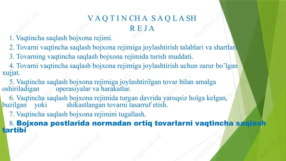 aqtincha saqlash bojxona rejimiga har qanday tovar, shu jumladan ilgari boshqa bojxona rejimiga joylashtirilgan tovar joylashtirilishi mumkin bojxona hududiga olib kirilishi va bu hududdan olib chiqilishi taqiqlangan tovarlar o’zbekiston respublikasi bojxona kodeksi 24-moddasining to‘rtinchi qismiga muvofiq vaqtincha saqlash bojxona rejimiga joylashtirilishi mumkin. o’zbekiston respublikasi bojxona kodeksi 24-moddasining to‘rtinchi qismi va gar tovar darhol olib chiqilmagan yoki qaytarilmagan bo‘lsa, tovar bojxona organi egasi bo‘lgan bojxona omboriga yoxud bojxona nazorati zonalariga tovarni olib o‘tayotgan shaxs yoki tashuvchi hisobidan vaqtincha saqlash bojxona rejimiga joylashtirilishi lozim. bunday tovarni saqlashning eng ko‘p muddati, agar qonunchilikda ayrim turdagi tovarlarga nisbatan boshqacha muddat nazarda tutilmagan bo‘lsa, uch sutkani tashkil etadi. ushbu muddat tugagach, mazkur tovarni tasarruf etish davlat daromadiga o‘tkazilishi lozim bo‘lgan tovarlarga nisbatan qo‘llaniladigan tartibga muvofiq amalga oshiriladi vaqtincha saqlash bojxona rejimida turgan tovarni saqlash bojxona omborida yoki bojxona nazorati zonalarida, ularning mazkur bojxona rejimida turishi muddatlariga rioya etgan holda amalga oshirilishi mumkin. tovarning vaqtincha saqlash …