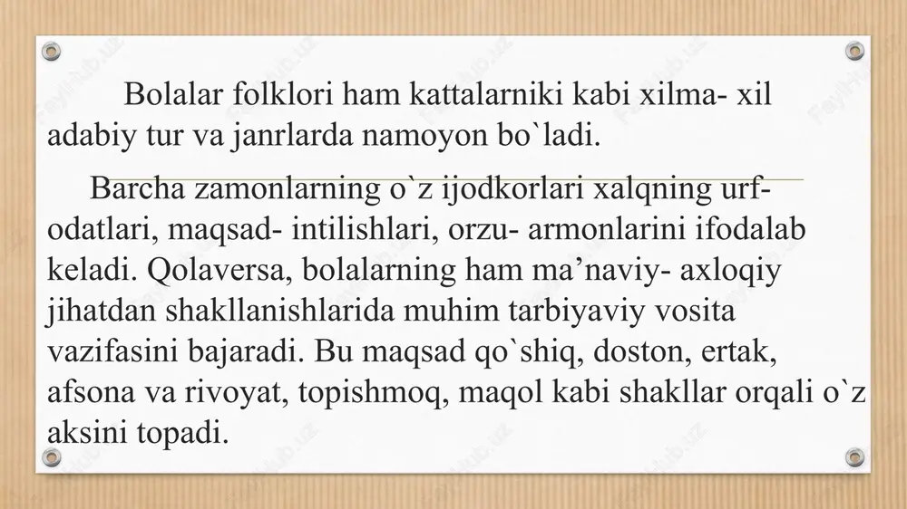 ajralsang, yer bo‘lasan. chinordek bo‘ying bo‘lguncha, hunari yo‘q kishining, tumordek aqling bo‘lsin. mazasi yo‘q ishining bulbul chamannu sevar, do`st so`zini tashlama, odam vattanni. tashlab boshing qashlama. ilm aql chirog`i. bilagi zo`r birni yiqar, bilimi zo`r mingni yiqar. daryo suvuni bahor toshirar, odam qadrini mehnat oshirar. bolalar xalq og`zaki ijodida maqol yetakchi o`rinda turadi, chunki maqol xalq yaratgan g`oyat chuqur va tugal ma’noli gaplar. maqolda xalqning, bir necha avlodning aql- u farosati hamda turmush tajribasinng yakuni, shuningdek donishmandligi beriladi. balki shu sababli “ otalar so`zi ” nomi bilan ham yurutiladi. maqol janriga nafaqat yozuvchilar balki katta yoshdagi insonlar ham qayta- qayta murojat qiladilar. maqol yoshlarni ilm- u hunarli bo`lishga, mehnatkashlikka, vatanparvarlikka umuman olganda barcha insoniy fazilatlarga o`rgatadi. dono xalqimiz bejizga: “ so`z ko`rki- maqol ” deb aytmagan. topishmoqlar xalq og`zaki ijodining eng qadimgi va eng ommaviy janri. jahondagi barcha xalqlar folklorida uchraydi. topishmoqlarda xalq hayoti, turmush darajasi, urf- odatlari ma’lum darajada …