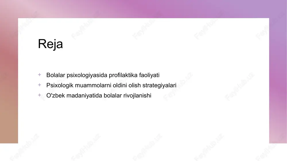 an. bolalar psixologiyasida profilaktik strategiyalar: asosiy tamoyillar va yondashuvlar. profilaktik yondashuvlar bolalar psixologiyasida profilaktik yondashuvlar, muammolarni oldini olishga qaratilgan strategiyalarni o'z ichiga oladi, bu esa ularning rivojlanishini ta'minlaydi. ta'lim va tarbiya ta'lim jarayonida psixologik bilimlarni o'zlashtirish bolalar uchun muhim, bu ularga emotsional va ijtimoiy ko'nikmalarni rivojlantirishga yordam beradi. jamiyatning roli o'zbek madaniyatida jamiyat va oilaning bolalar psixologiyasidagi roli muhim, chunki ular bolalarning ruhiy holatini yaxshilashga hissa qo'shadi. psixologik muammolarni oldini olishda oila va maktabning roli. oila va maktab, bolalarning psixologik muammolarini oldini olishda muhim rol o'ynaydi. oila ichidagi ijobiy muhit va maktabda to'g'ri ta'lim bolalarning ruhiy salomatligini mustahkamlashga yordam beradi. bu jarayonda quyidagi omillar muhimdir: - oila va maktab o'rtasida samarali muloqot. - bolalarga qo'llab-quvvatlash va e'tibor berish. - ijtimoiy va emosional ko'nikmalarni rivojlantirish. photo by arian malek khosravi on unsplash o'zbek madaniyatida bolalar uchun psixologik yordam va resurslar. o'zbek psixologlari o'zbekistonda bolalar uchun psixologik yordam ko'rsatadigan mutaxassislar bolalar psixologiyasida …
