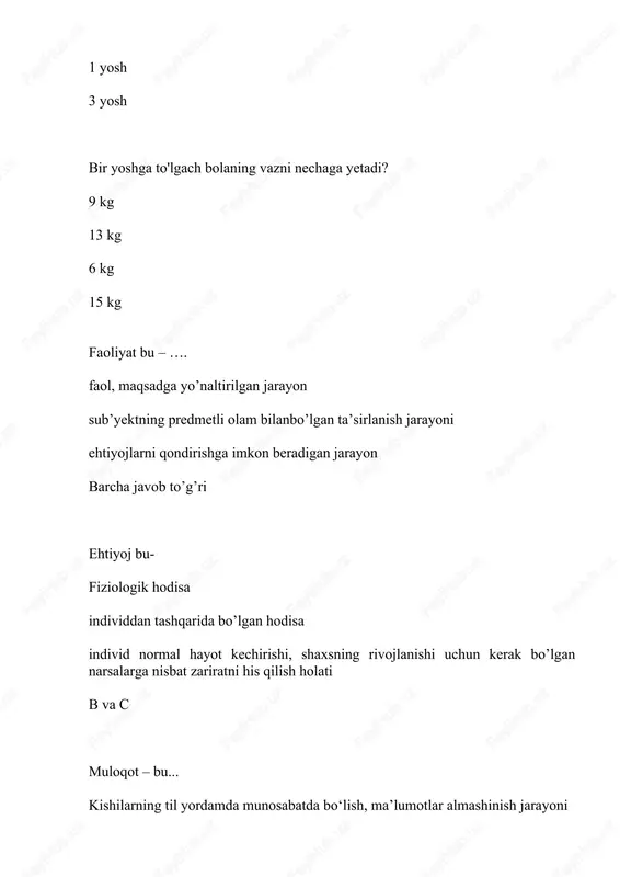 q faoliyati bir-birini tushunish, hissiy munosabat suhbatlashish ilk bolalik davri qaysi yosh oralig'ini o'z ichiga oladi? 1-3 yosh 0-1 yosh 5-6 yosh 4-5 yosh bolalarda qaysi bilish jarayoni birinchi shakllanishni boshlaydi? sezgi tafakkur xotira nutq bolalar dastlab qanday so'zlarni o'zlashtiradilar? harakatlarni narsalar nomini mantiqiy murakkab tushunchalarni bolalar to'g'ridan to'g'ri nutqiy faoliyatni boshlaydi bolalar psixologiyasi nimani o'rganadi? turli yosh davrlarida bola psixik taraqqiyotining qonuniyatlarini, shuningdek, bir yosh bosqichi boshqasiga o'tish qonuniyatlarini o'rganadi katta yoshli insonlardagi bolalik xususiyatlarini, rivojlanishini, psixik xususiyatlarini o'rganadi bolalardagi jismoniy rivojlanishning biologik omillarini shaxsning jamiyatda shakllanish bosqichlari, kasbiy faoliyat va qiziqishlar taraqqiyot nima? narsa yoki hodisalarning vaqt o'tishi bilan miqdor va sifat jihatdan o'zgarishi natijasida yuqoriroq darajaga ko'tarilishi rivojlanish bosqichida ayrim yosh davrlarida psixik orqaga qaytish psixik taraqqiyot bosqichlarida bolalarda kuzatiladigan jismoniy o'sishning kuzatilmasligi shaxs ruhiy rivojlanishida sodir bo'ladigan sistematik jadallashish bolalik davri qaysi davr? tug'ilgandan o'smirlikkacha bo'lgan davr kichik maktab yoshi davridan yetti yoshgacha bo'lgan davr uch …