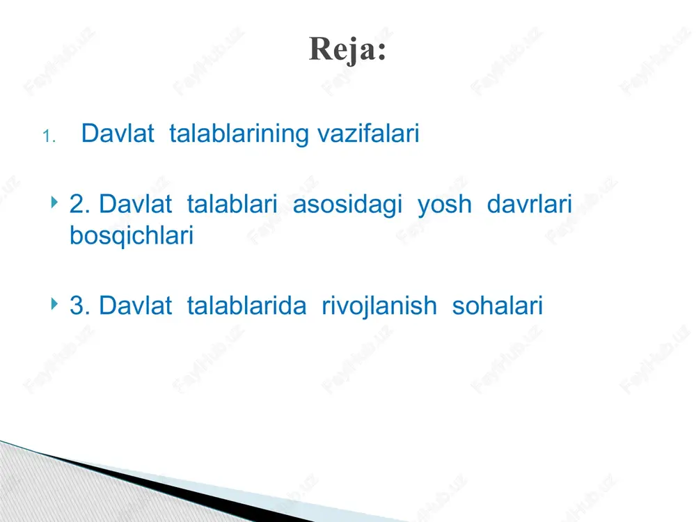ojlanish. -dunyoni badiiy tasavvur etish. -badiiy ijodiy qobiliyatlar. davlat talablari majburiy bo’lib, 4-chi bobida “davlat talablari buzilishida aybdor bo’lgan shaxslar qonun xujjatlarida belgilangan tartibda javobgar bo’ladi” deb belgilab qo’yilgan.tarbiyachilar bolalarni rivojlanishini davlat talablari asosida kuzutuvni olib boadi va bolalar bilim ko’nikmalarini baxolab boradilar. e’tiboringiz uchun raxmat image1.jpeg /docprops/thumbnail.jpeg