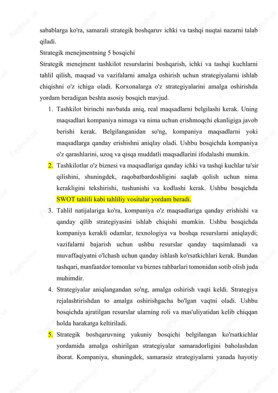 a, samarali strategik boshqaruv ichki va tashqi nuqtai nazarni talab qiladi. strategik menejmentning 5 bosqichi strategik menejment tashkilot resurslarini boshqarish, ichki va tashqi kuchlarni tahlil qilish, maqsad va vazifalarni amalga oshirish uchun strategiyalarni ishlab chiqishni o'z ichiga oladi. korxonalarga o'z strategiyalarini amalga oshirishda yordam beradigan beshta asosiy bosqich mavjud. 1. tashkilot birinchi navbatda aniq, real maqsadlarni belgilashi kerak. uning maqsadlari kompaniya nimaga va nima uchun erishmoqchi ekanligiga javob berishi kerak. belgilanganidan so'ng, kompaniya maqsadlarni yoki maqsadlarga qanday erishishni aniqlay oladi. ushbu bosqichda kompaniya o'z qarashlarini, uzoq va qisqa muddatli maqsadlarini ifodalashi mumkin. 2. tashkilotlar o'z biznesi va maqsadlariga qanday ichki va tashqi kuchlar ta'sir qilishini, shuningdek, raqobatbardoshligini saqlab qolish uchun nima kerakligini tekshirishi, tushunishi va kodlashi kerak. ushbu bosqichda swot tahlili kabi tahliliy vositalar yordam beradi. 3. tahlil natijalariga ko'ra, kompaniya o'z maqsadlariga qanday erishishi va qanday qilib strategiyasini ishlab chiqishi mumkin. ushbu bosqichda kompaniya kerakli odamlar, texnologiya va boshqa …