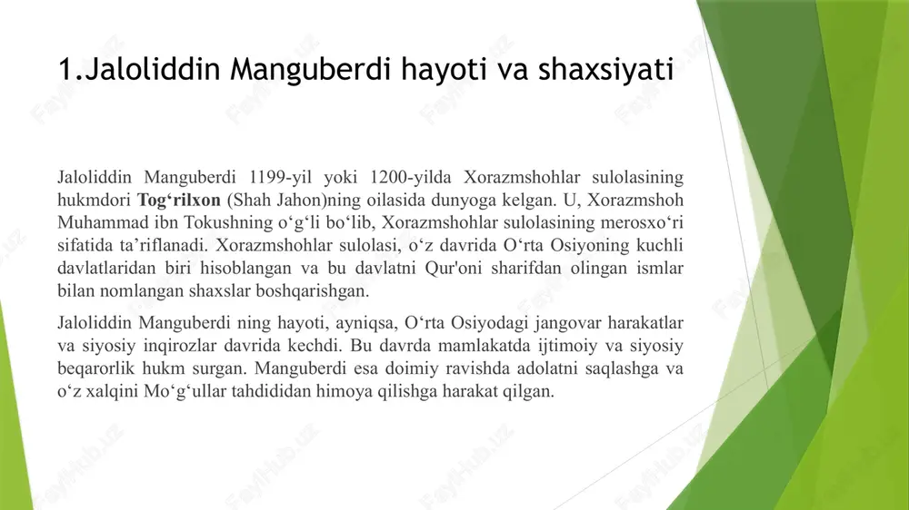 larga ega boʻlgan. uning bilimlari unga strategik va taktik jihatdan juda kuchli jangchi boʻlishga yordam bergan. shuningdek, u faoliyatida donishmand, adolatli va mard bir shaxs sifatida tanilgan. jaloliddin manguberdi ning shaxsiyati keng koʻlamli xususiyatlarga ega edi. u jasur, mard, dono va jasoratli odam sifatida tarixi hamda xalqlar tomonidan yodga olinadi. u oʻzining qoʻmondonligi va strategik fikrlash qobiliyati bilan moʻgʻul imperiyasiga qarshi muvaffaqiyatli kurash olib borgan. uning shaxsiyatida shuningdek, xalqqa bo‘lgan hurmat, adolatga sadoqat va vatanparvarlik his-tuyg‘ulari kuchli edi. jaloliddin manguberdi haqidagi eng katta qadrlanishlardan biri bu uning vatanini himoya qilishdagi jasorati va adolatliligi hisoblanadi. shuningdek, u shaxsiy xarakterining mustahkamligi, halolligi va rahbar sifatida xalqqa bo‘lgan mehrini ham ko‘rsatgan. 2.xorazmshohlar davlati va uning inqirozi xorazmshohlar davlati, asosan, 11-asrda seljuklar imperiyasining qulashi bilan shakllandi. 1077-yilda xorazmshohlik davlatining asoschisi bo‘lgan anushtegin boshchiligida bu hududda mustaqil davlat tuzildi. xorazmshohlar boshqaruvida davlat, avvaliga, o‘zining mustahkam ichki tuzilmasi va strategik joylashuvi bilan jadal rivojlandi. ularning hududi …