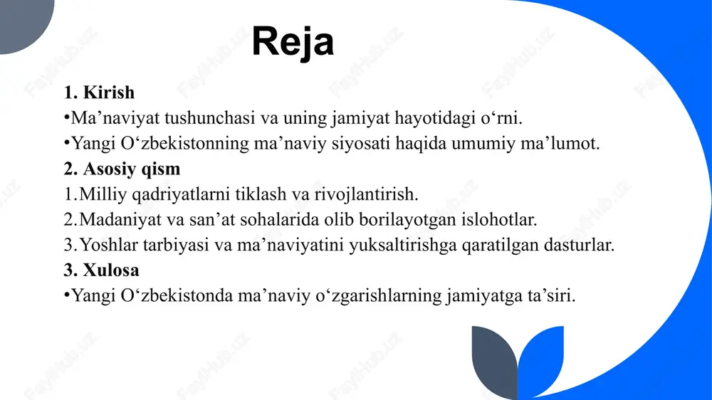 iy o‘zlikni mustahkamlash va jamiyatni taraqqiyot sari yetaklashdan iborat. 6 asosiy qism milliy qadriyatlarni tiklash va rivojlantirish. milliy qadriyatlar – har bir xalqning madaniy merosi, urf-odatlari, an’analari va axloqiy tamoyillarining yig‘indisi bo‘lib, ular milliy o‘zlikni shakllantirish va jamiyatni birlashtirishda muhim ahamiyatga ega. yangi o‘zbekiston davrida milliy qadriyatlarni tiklash va rivojlantirish ustuvor yo‘nalishlardan biri sifatida belgilangan. milliy qadriyatlarni tiklashga qaratilgan chora-tadbirlar tarixiy merosni asrash: buyuk ajdodlarning ilmiy va madaniy merosini o‘rganish va ularni xalqaro miqyosda targ‘ib qilish ishlari olib borilmoqda. madaniy obidalarni ta’mirlash: tarixiy obidalarni tiklash va ularni xalq uchun ochiq madaniy maskanlarga aylantirishga katta e’tibor qaratilmoqda. o‘zbek tili mavqeini oshirish: davlat tili sifatida o‘zbek tilining nufuzi mustahkamlanib, uni rivojlantirishga qaratilgan qonunlar va loyihalar amalga oshirilmoqda. milliy qadriyatlarni rivojlantirish yo‘nalishlari madaniyat va san’atni rivojlantirish: teatr, kino, milliy musiqa va amaliy san’at sohalarini rivojlantirish orqali milliy qadriyatlarni ommalashtirish. ta’lim tizimidagi islohotlar: o‘quv dasturlarida milliy tarix, urf-odatlar va qadriyatlarning targ‘ib qilinishi. oilaviy qadriyatlarni …